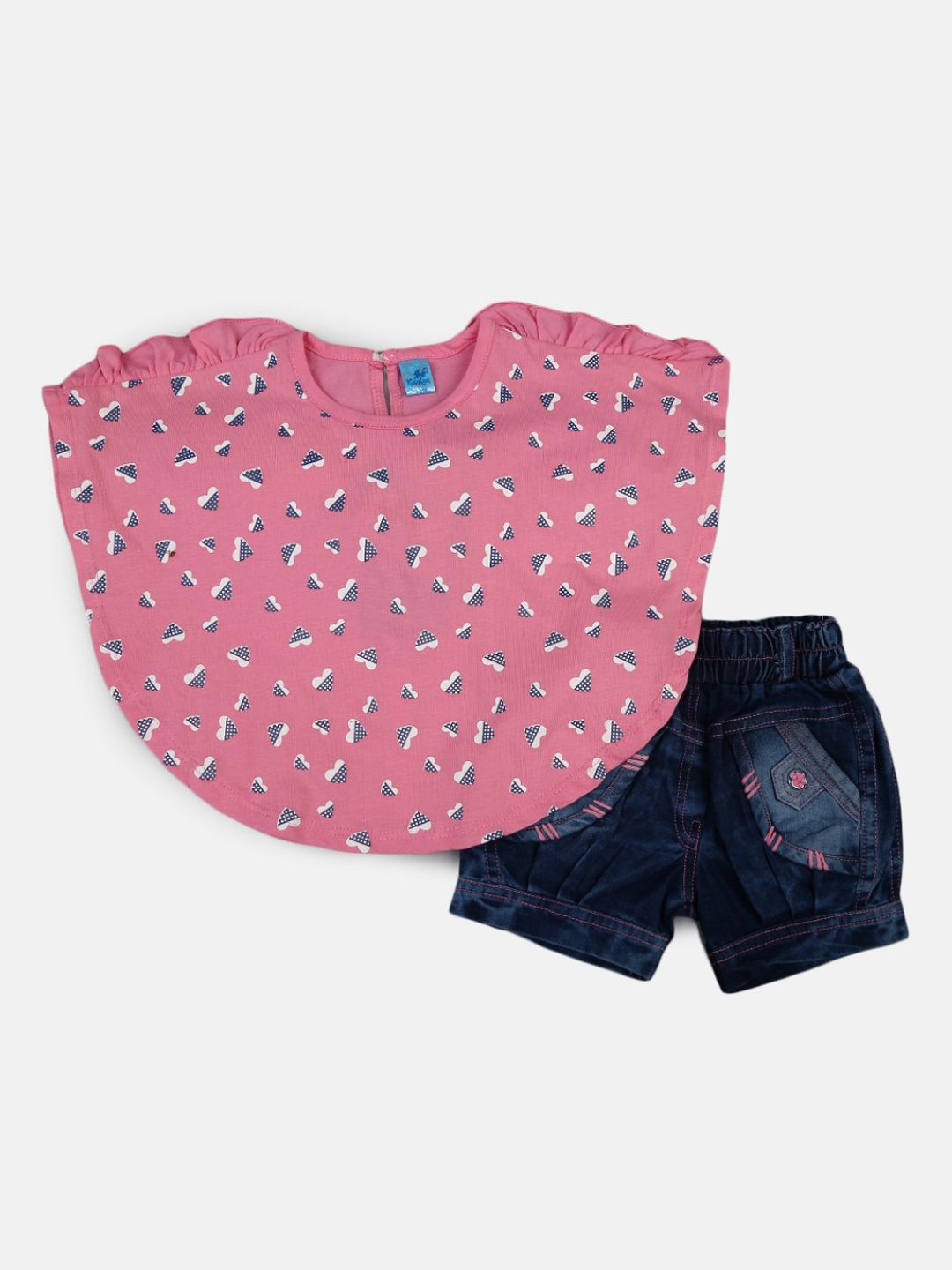 

V-Mart Infants Pink & Navy Blue Printed Pure Cotton Top with Shorts