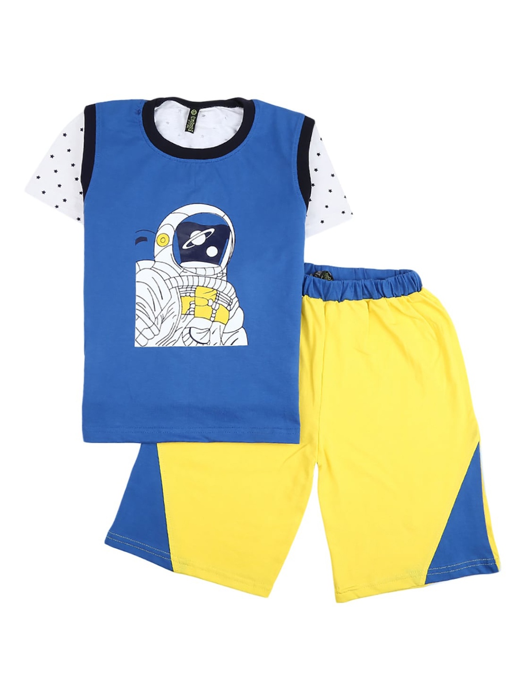 

V-Mart Unisex Kids Blue & Yellow Printed Pure Cotton T-shirt with Shorts