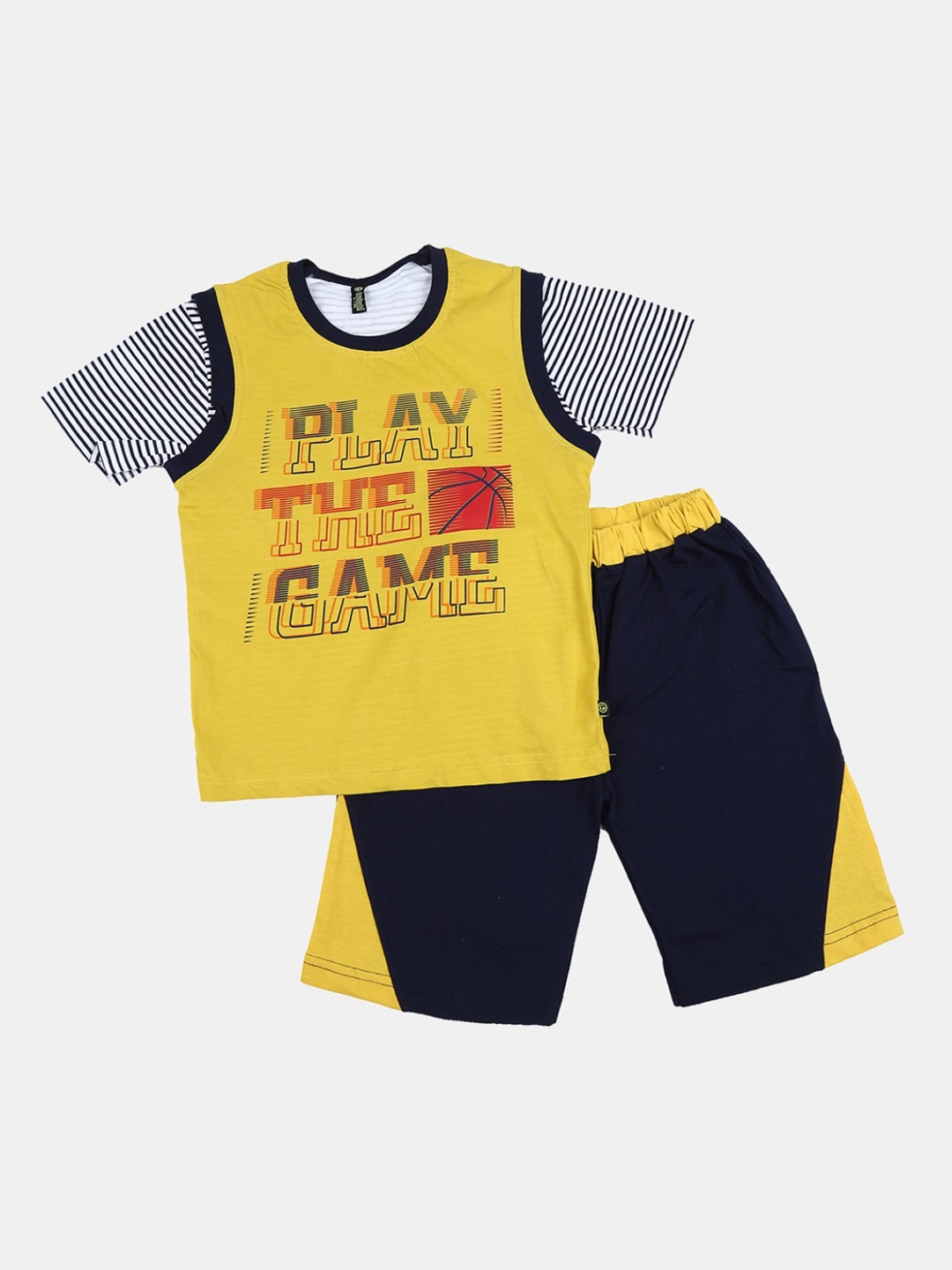 

V-Mart Kids Mustard & Navy Blue Printed Pure Cotton T-shirt with Shorts