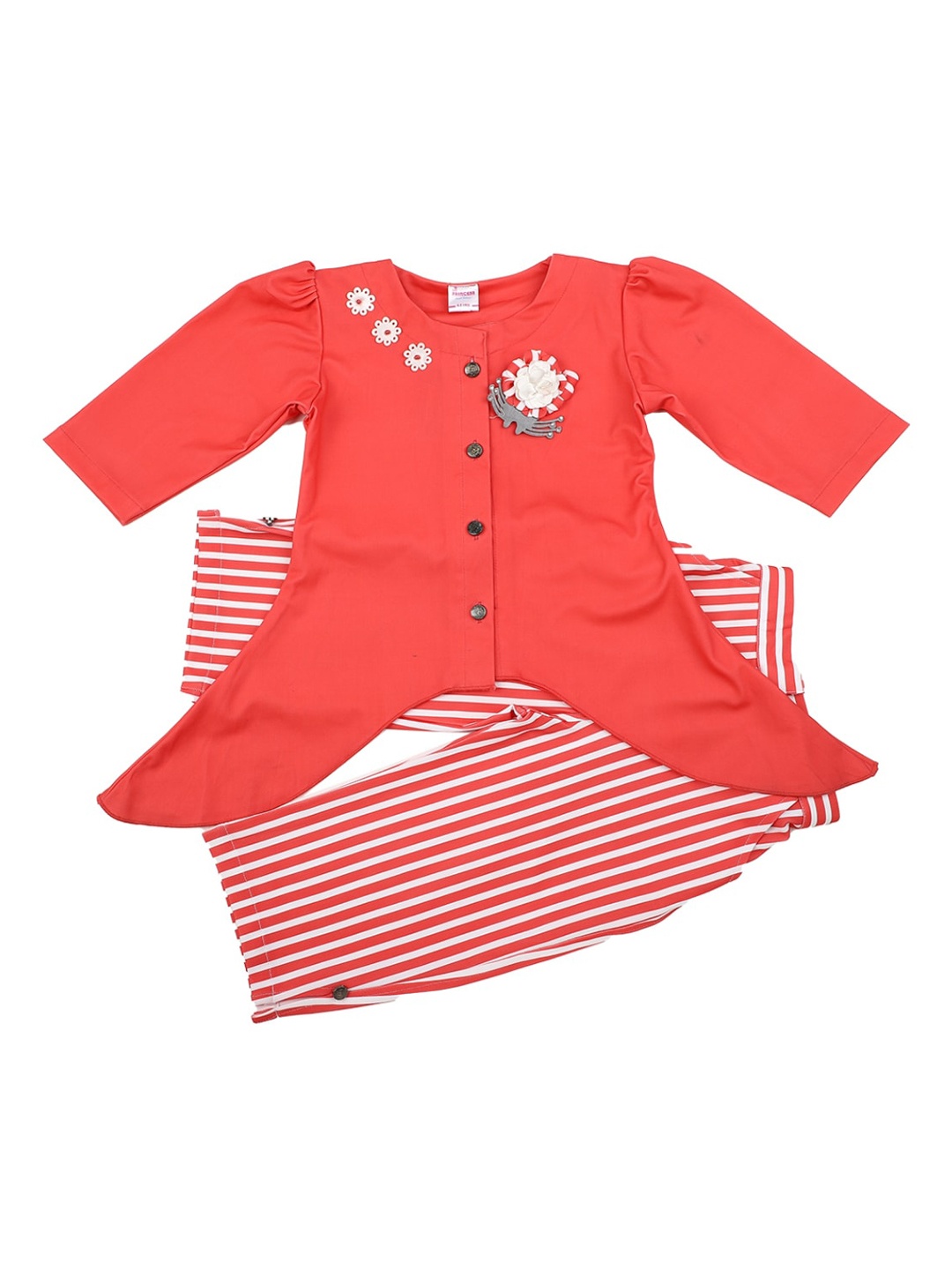 

V-Mart Girls Coral & White Pure Cotton Top with Trousers