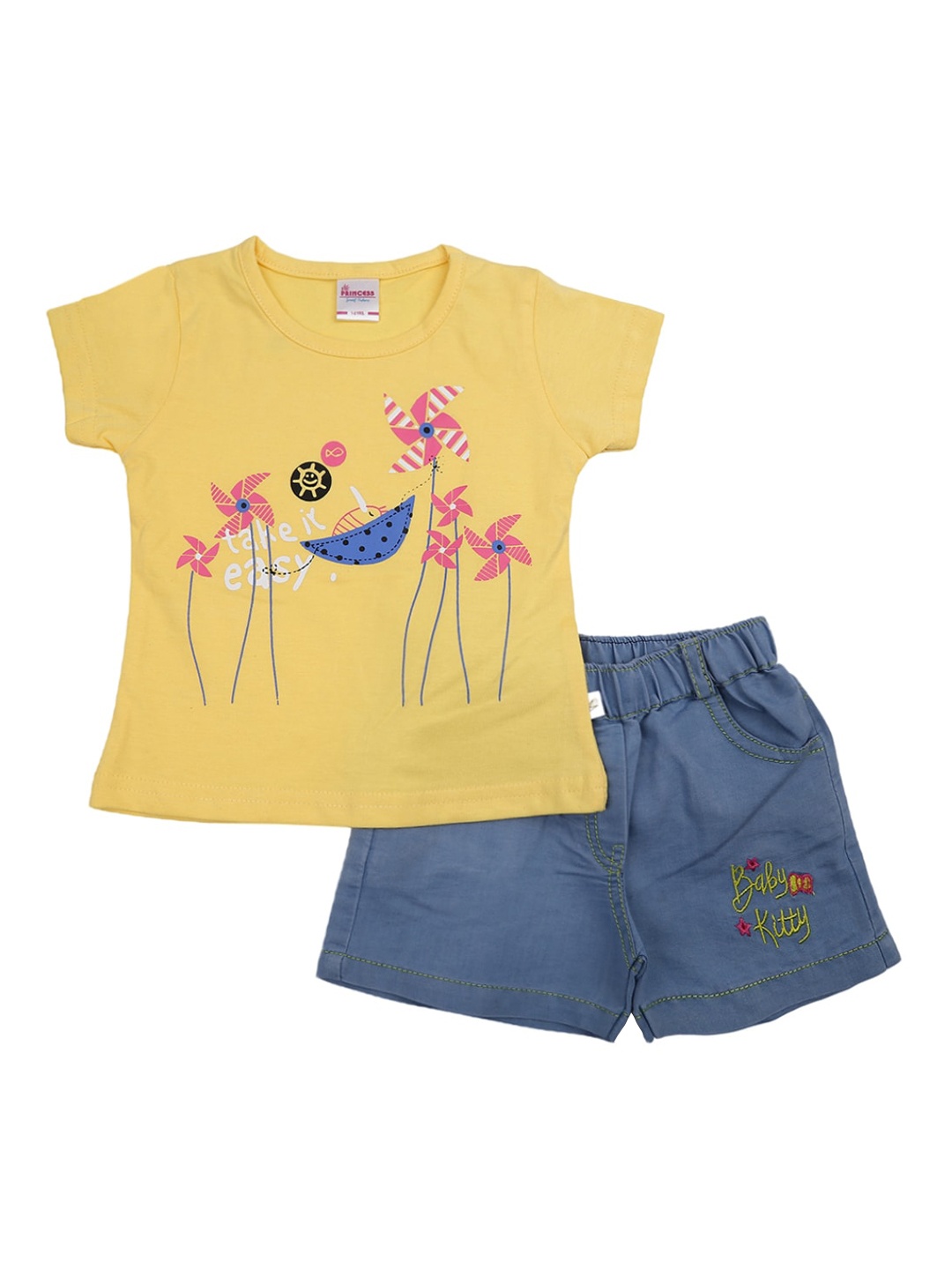 

V-Mart Kids Yellow & Blue Printed Pure Cotton T-shirt with Shorts