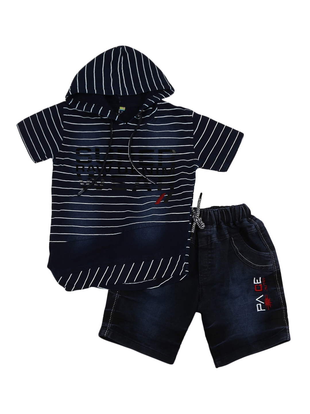 

V-Mart Unisex Kids Navy Blue & White Striped Cotton T-shirt with Shorts