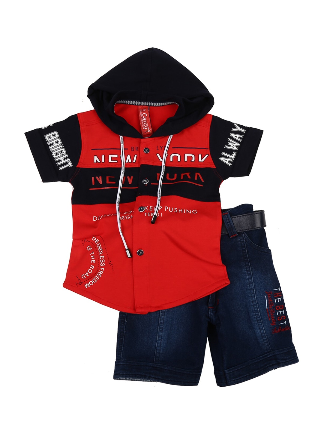 

V-Mart Boys Red & Navy Blue Printed Cotton Shirt with Shorts