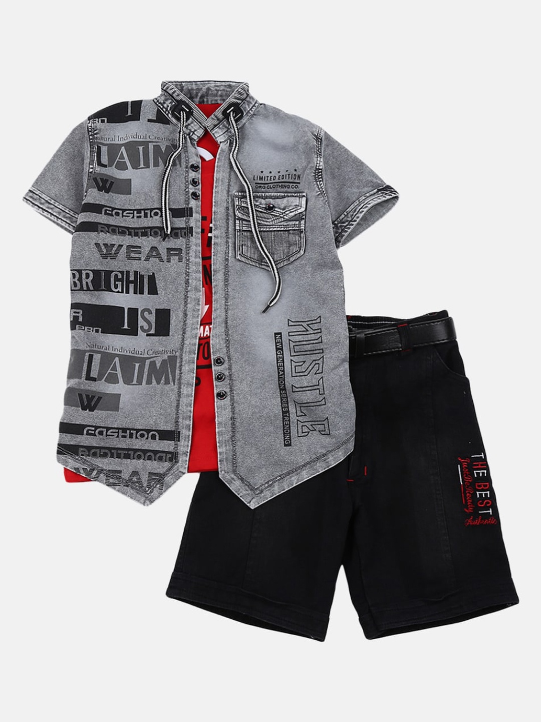 

V-Mart Boys Grey & Black Printed Pure Cotton T-shirt and Shirt with Shorts