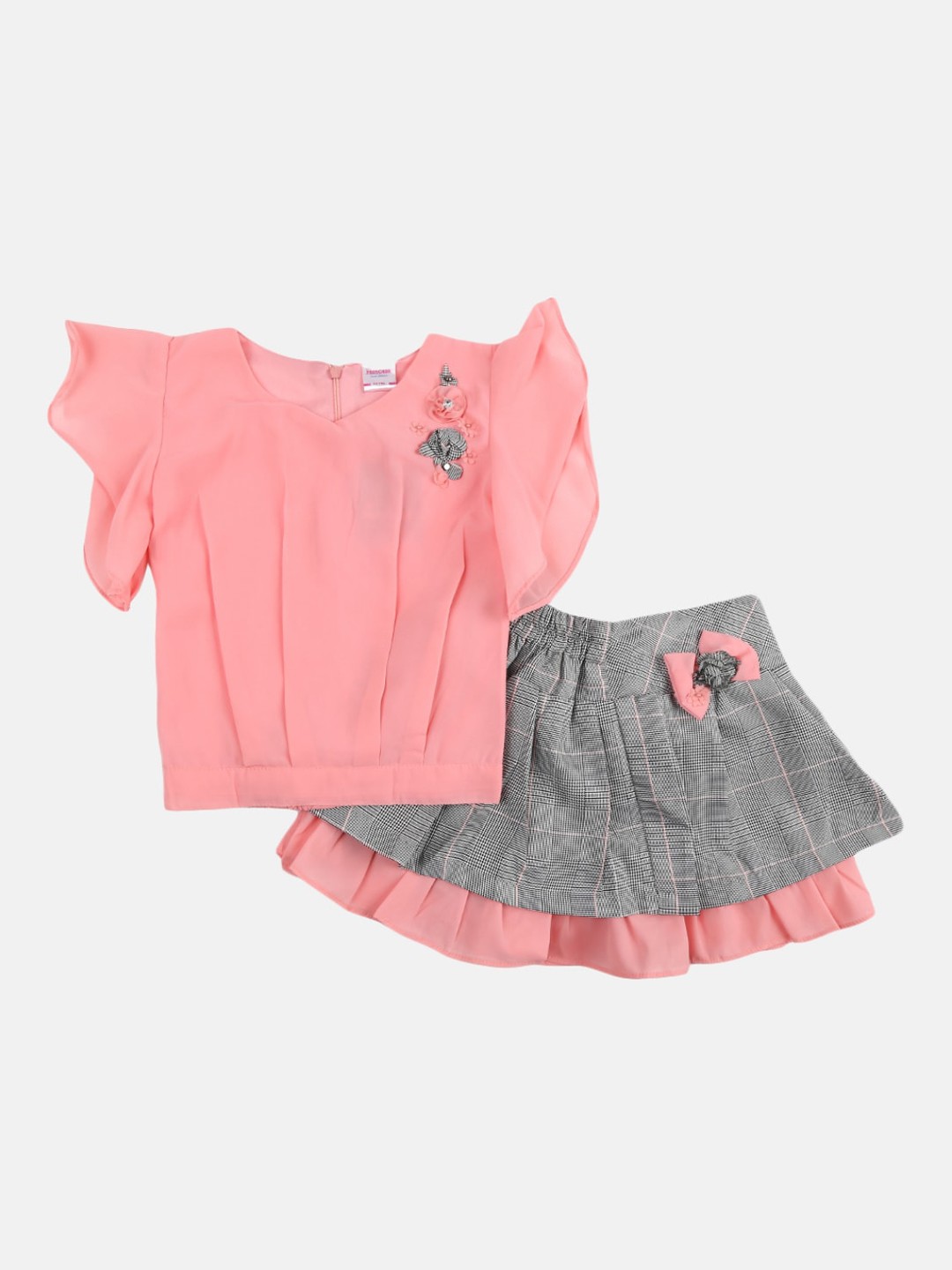 

V-Mart Unisex Kids Peach-Coloured & Grey Embellished Top with Skirt
