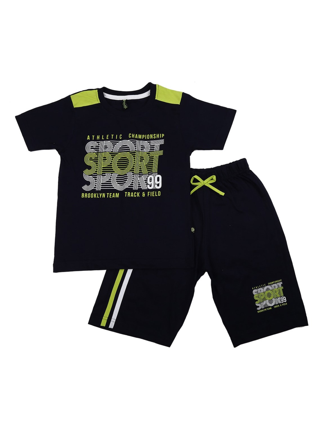 

V-Mart Unisex Kids Lime Green & Black Printed Pure Cotton T-shirt with Shorts