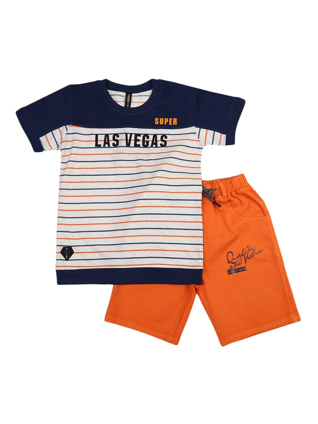

V-Mart Kids Beige & Orange Striped Pure Cotton T-shirt with Shorts