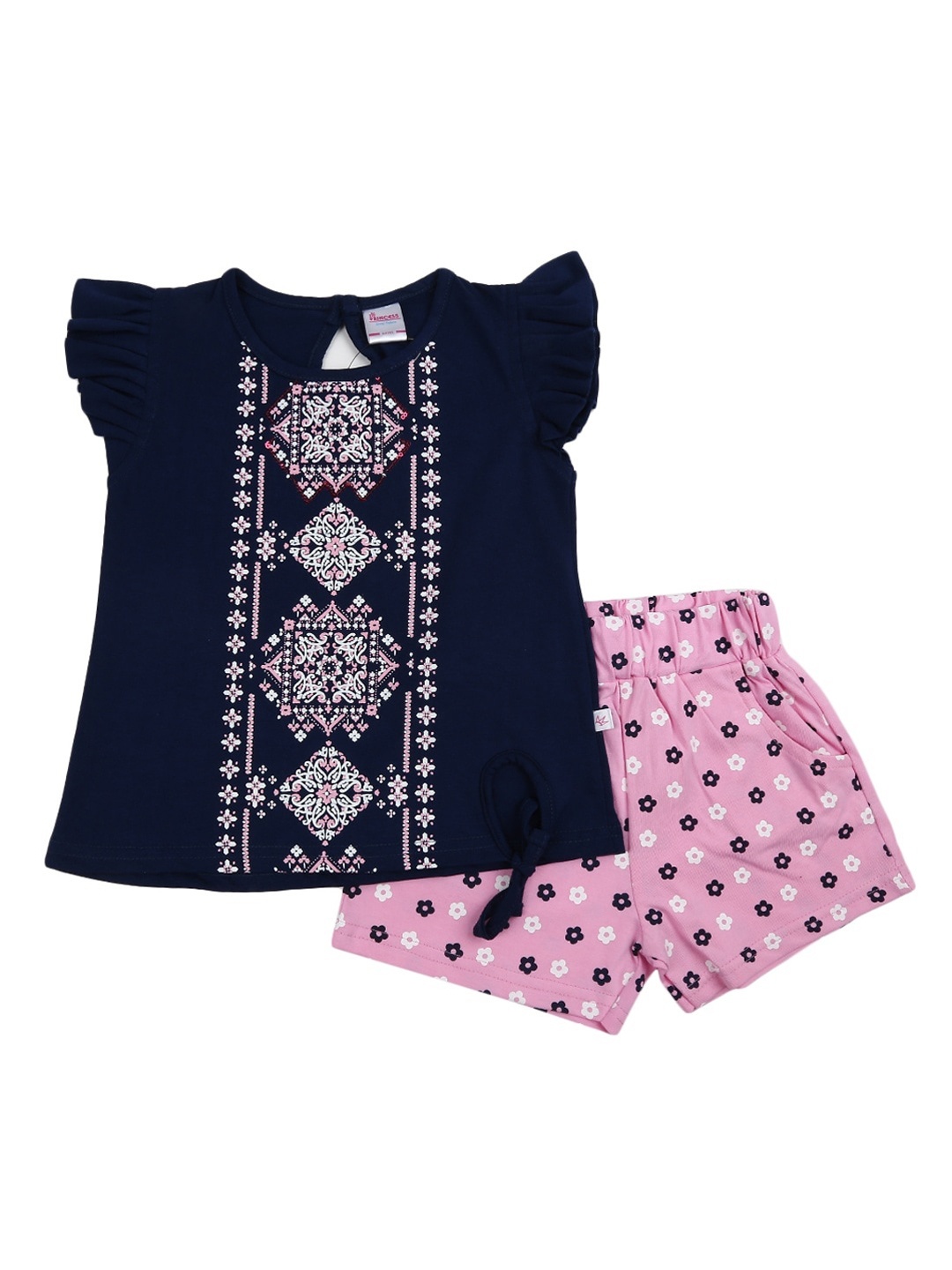 

V-Mart Unisex Kids Navy Blue & Pink Printed T-shirt with Shorts