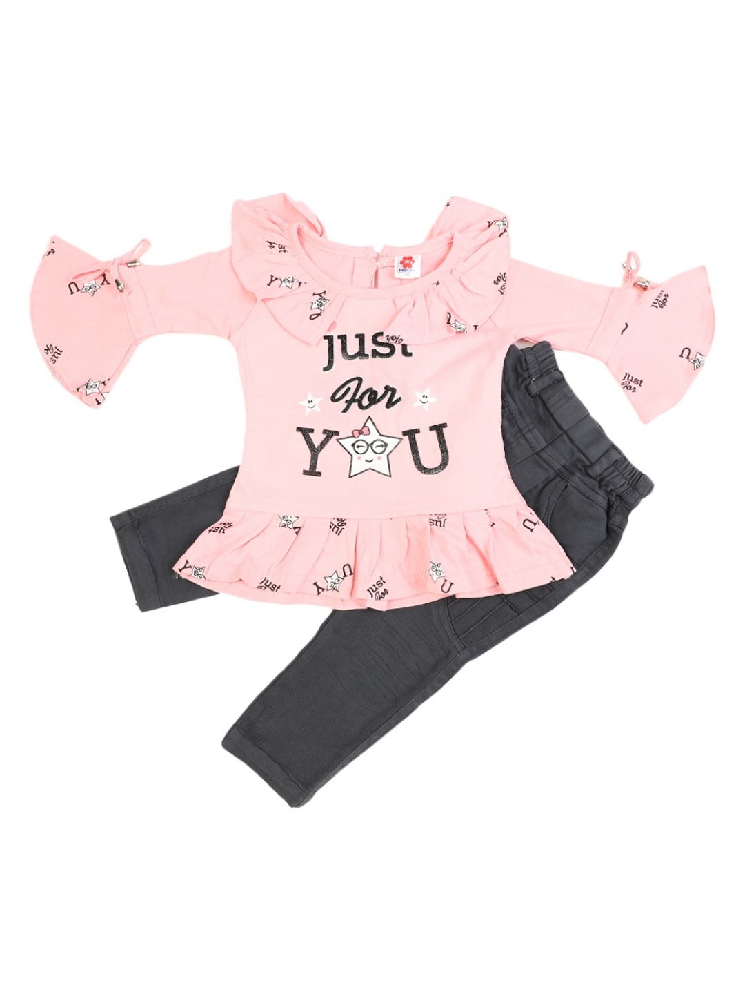 

V-Mart Girls Pink & Black Printed Pure Cotton Top with Trousers