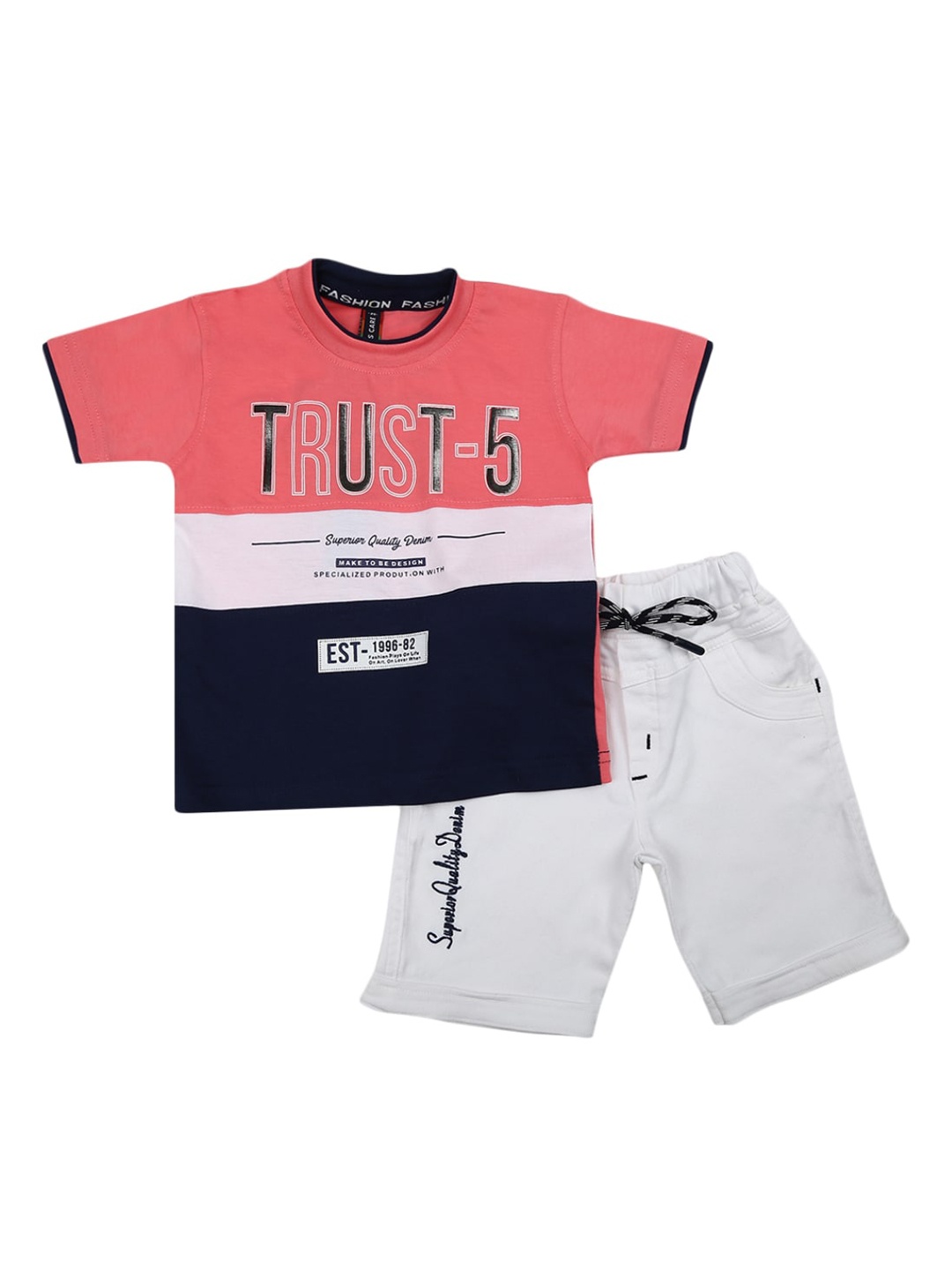 

V-Mart Boys Pink & Grey Colourblocked Pure Cotton T-shirt with Shorts