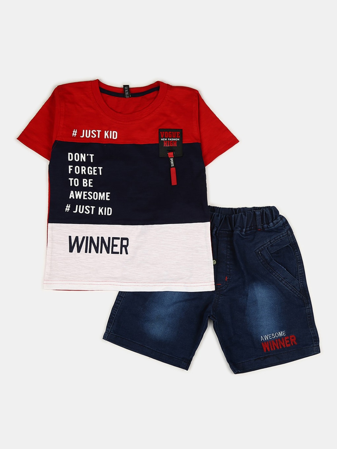 

V-Mart Unisex Kids Red & Blue Printed Cotton T-shirt with Shorts