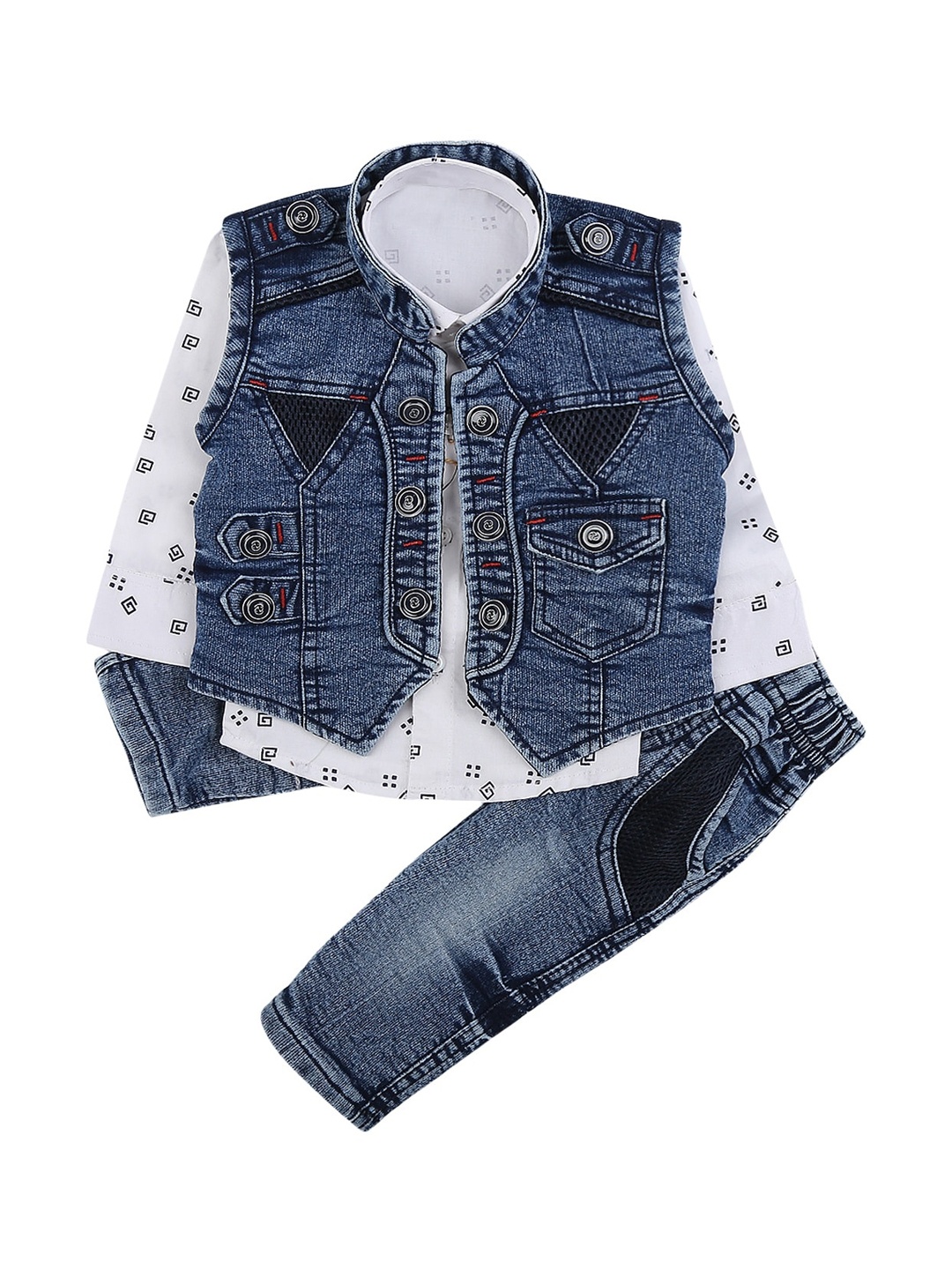 

V-Mart Boys Blue & White Printed Pure Cotton Shirt with Trousers