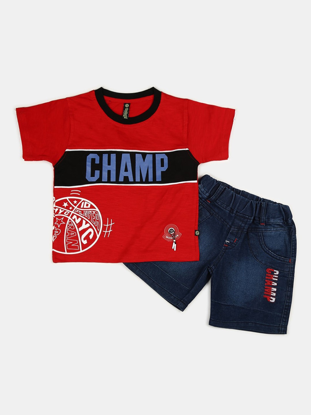 

V-Mart Kids Red & Navy Blue Printed Cotton T-shirt with Shorts
