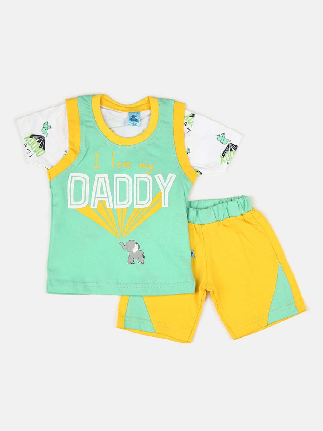 

V-Mart Unisex Kids Green & Yellow Printed Pure Cotton T-shirt with Shorts