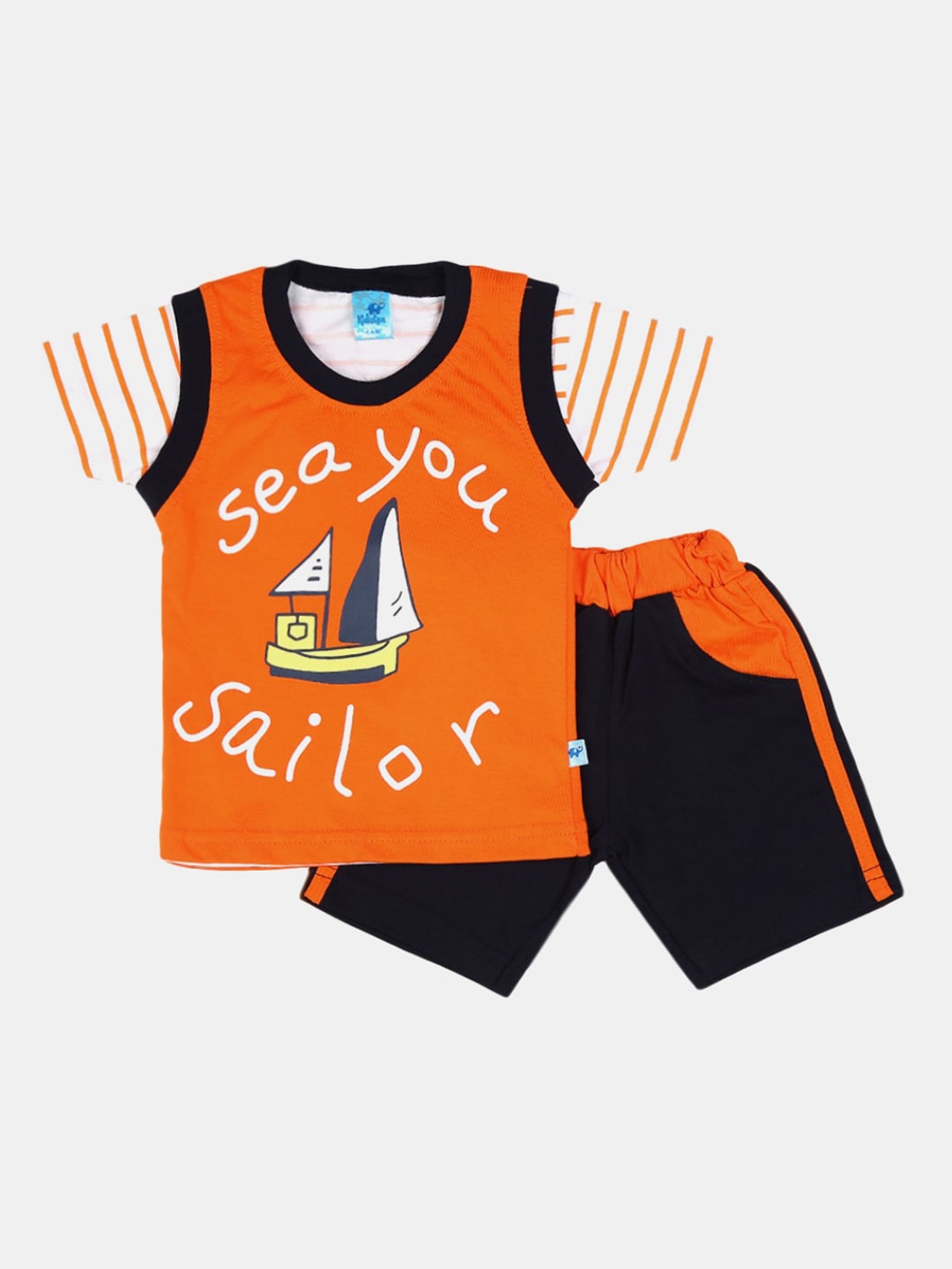 

V-Mart Kids Orange & Navy Blue Printed Cotton T-shirt with Shorts