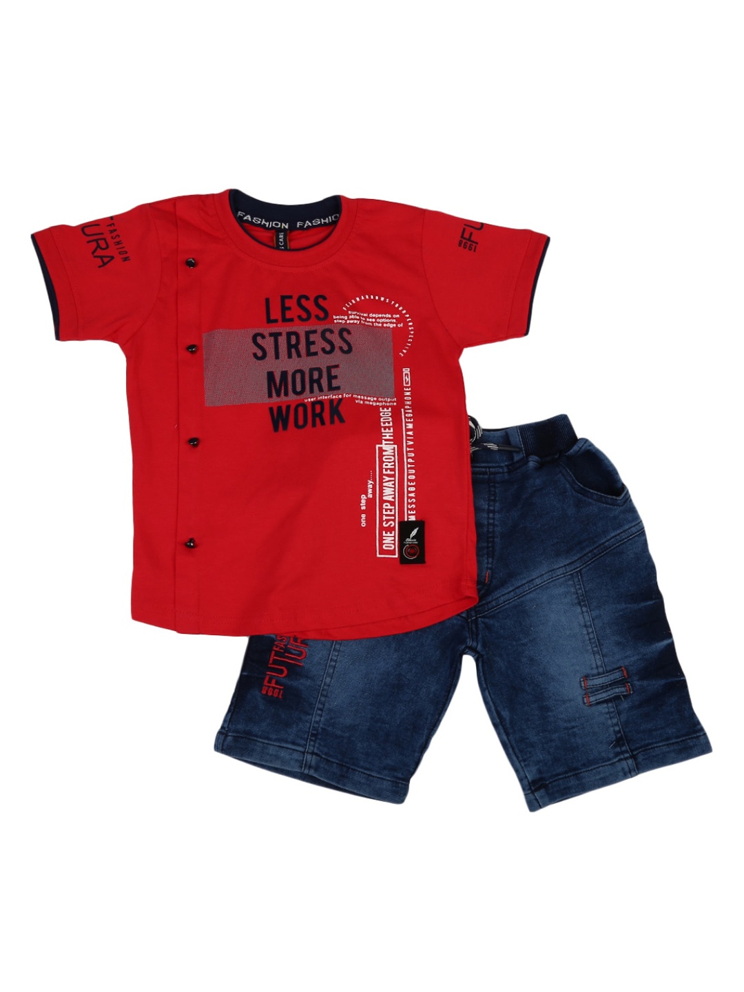 

V-Mart Boys Red & Navy Blue Printed Pure Cotton T-shirt with Shorts