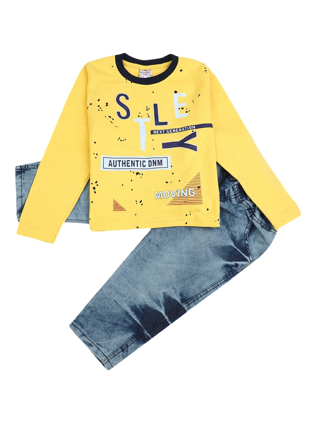 

V-Mart Unisex Kids Yellow & Blue Printed Pure Cotton T-shirt with Jeans