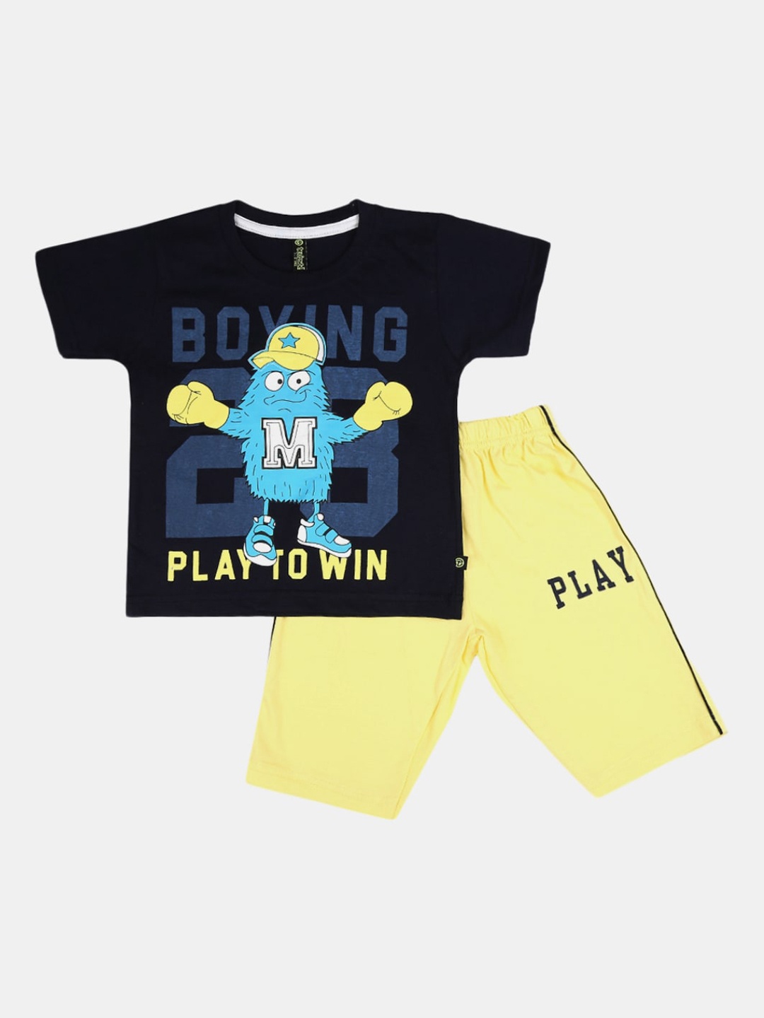 

V-Mart Boys Navy Blue & Yellow Printed Cotton T-shirt with Shorts