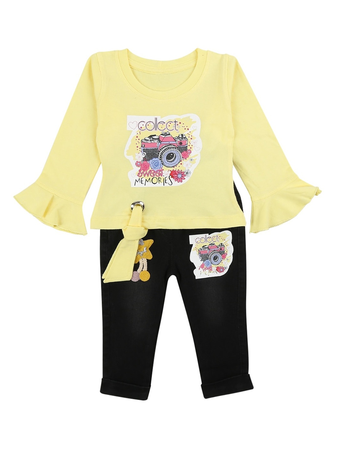 

V-Mart Girls Yellow & Black Printed Top with Trousers