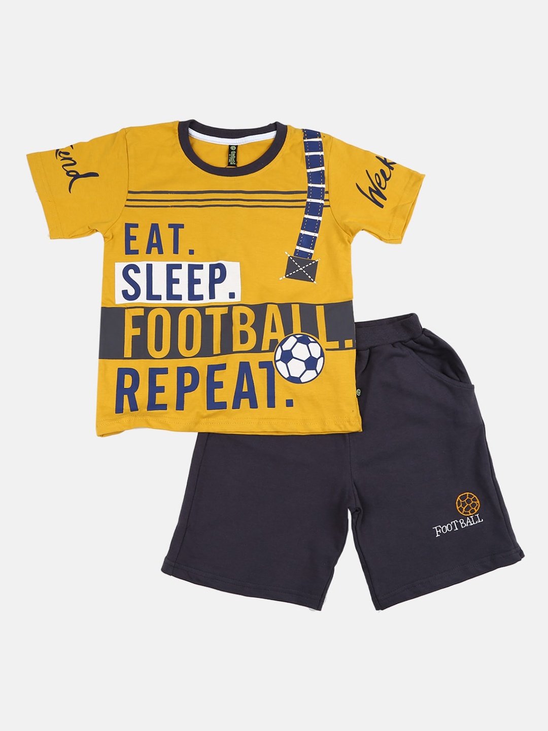 

V-Mart Kids Mustard & Navy Blue Printed Pure Cotton T-shirt with Shorts