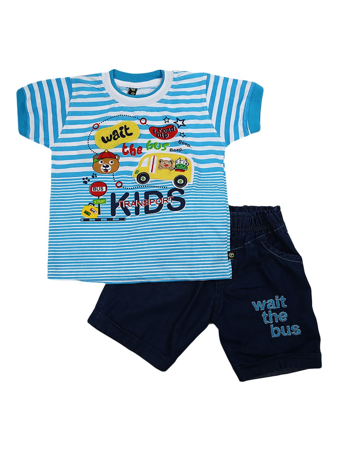 

V-Mart Unisex Kids Blue & Navy Blue Printed Pure Cotton T-shirt with Denim Shorts