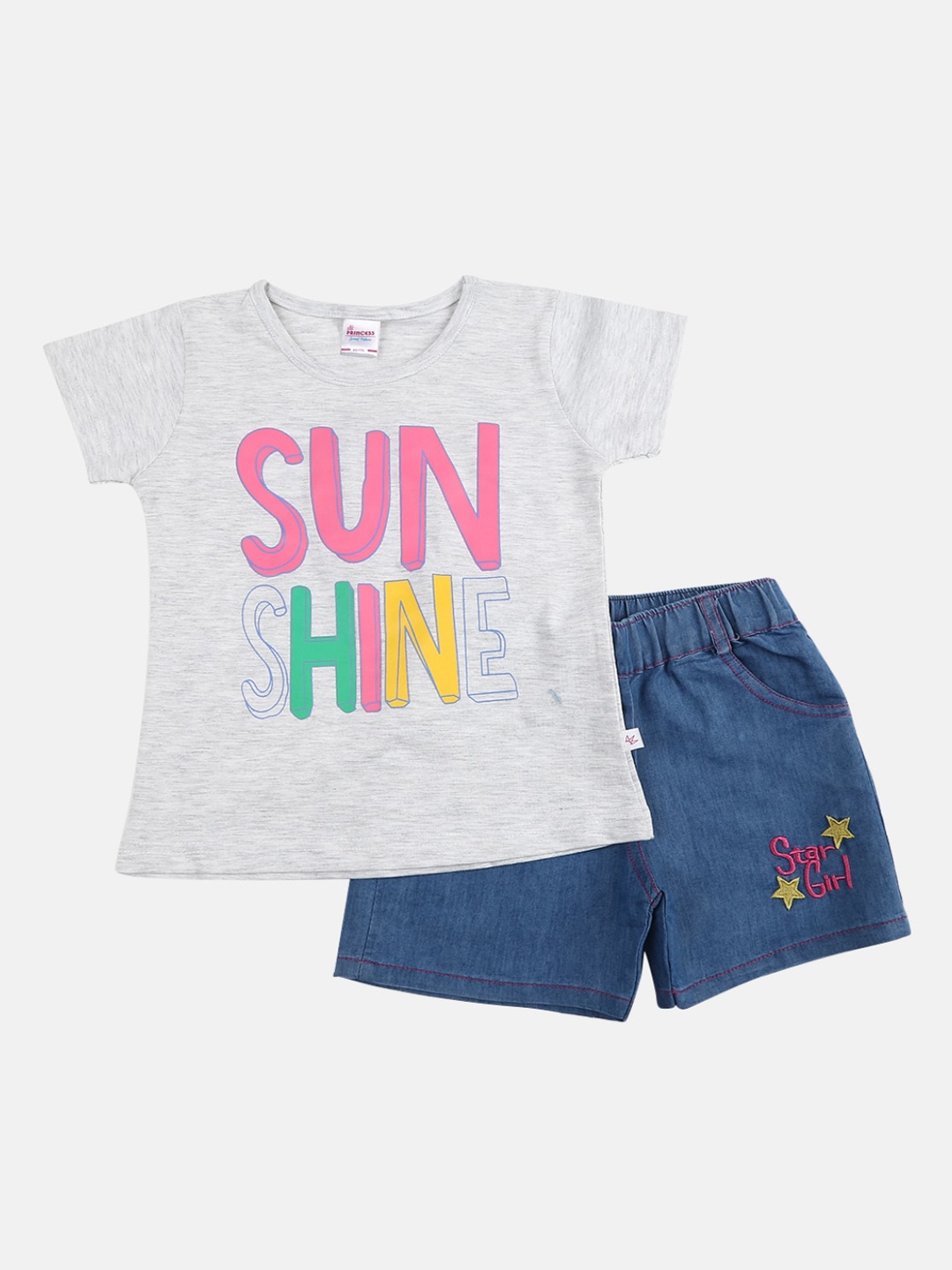 

V-Mart Girls Grey Melange & Blue Printed Cotton T-shirt with Shorts