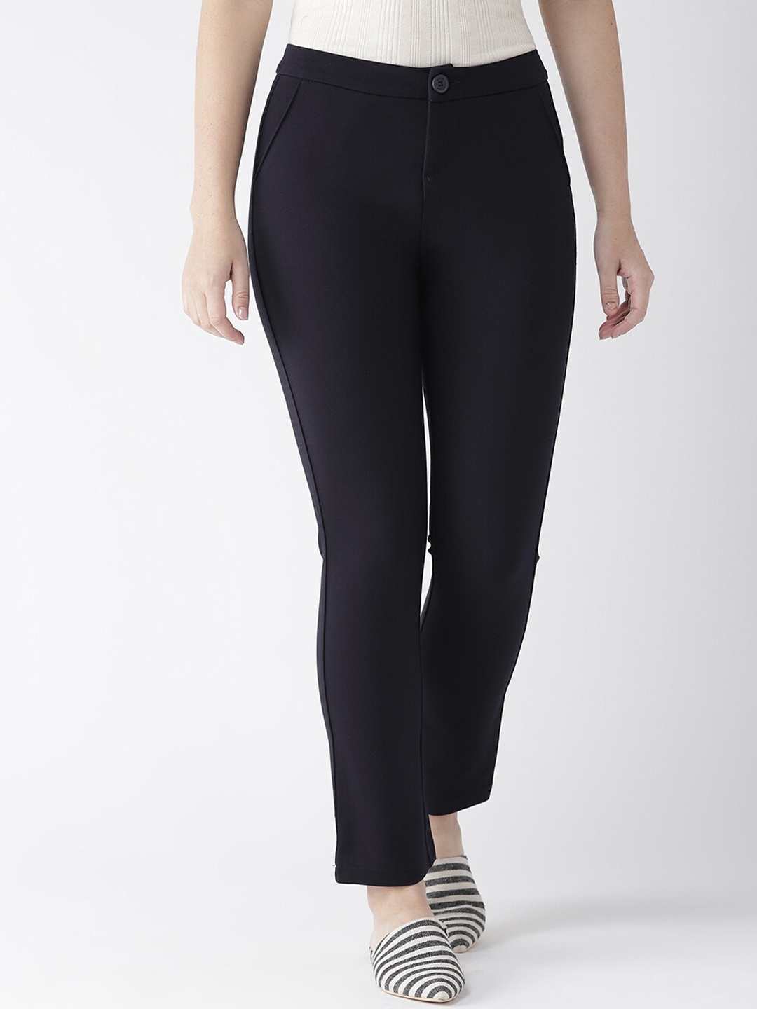 

Xpose Women Navy Blue Comfort Straight Fit High-Rise Trousers