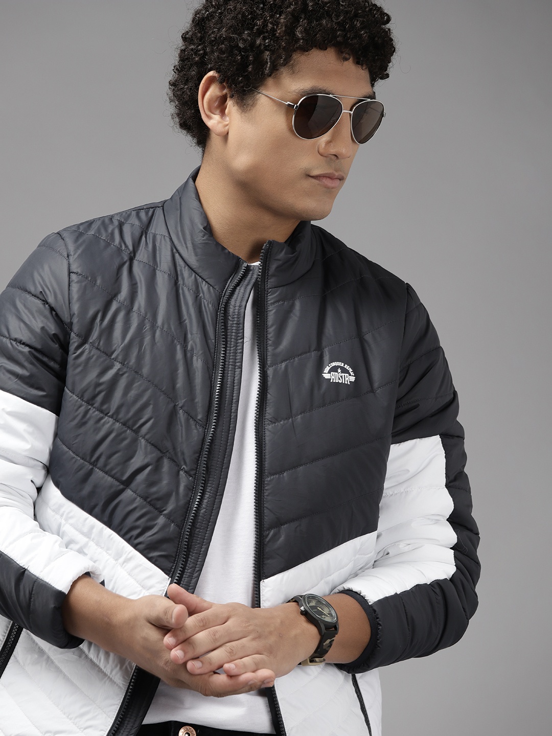 

The Roadster Lifestyle Co. Men Charcoal Grey & White Colourblocked Padded Jacket