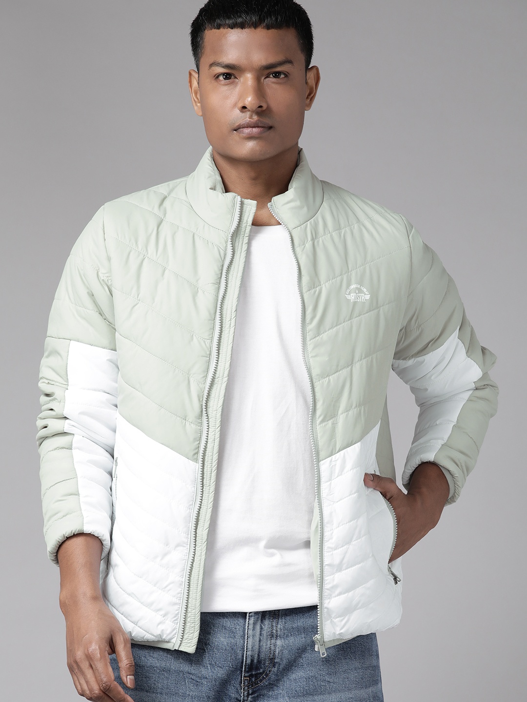 

Roadster Men Green & White Colourblocked Padded Jacket