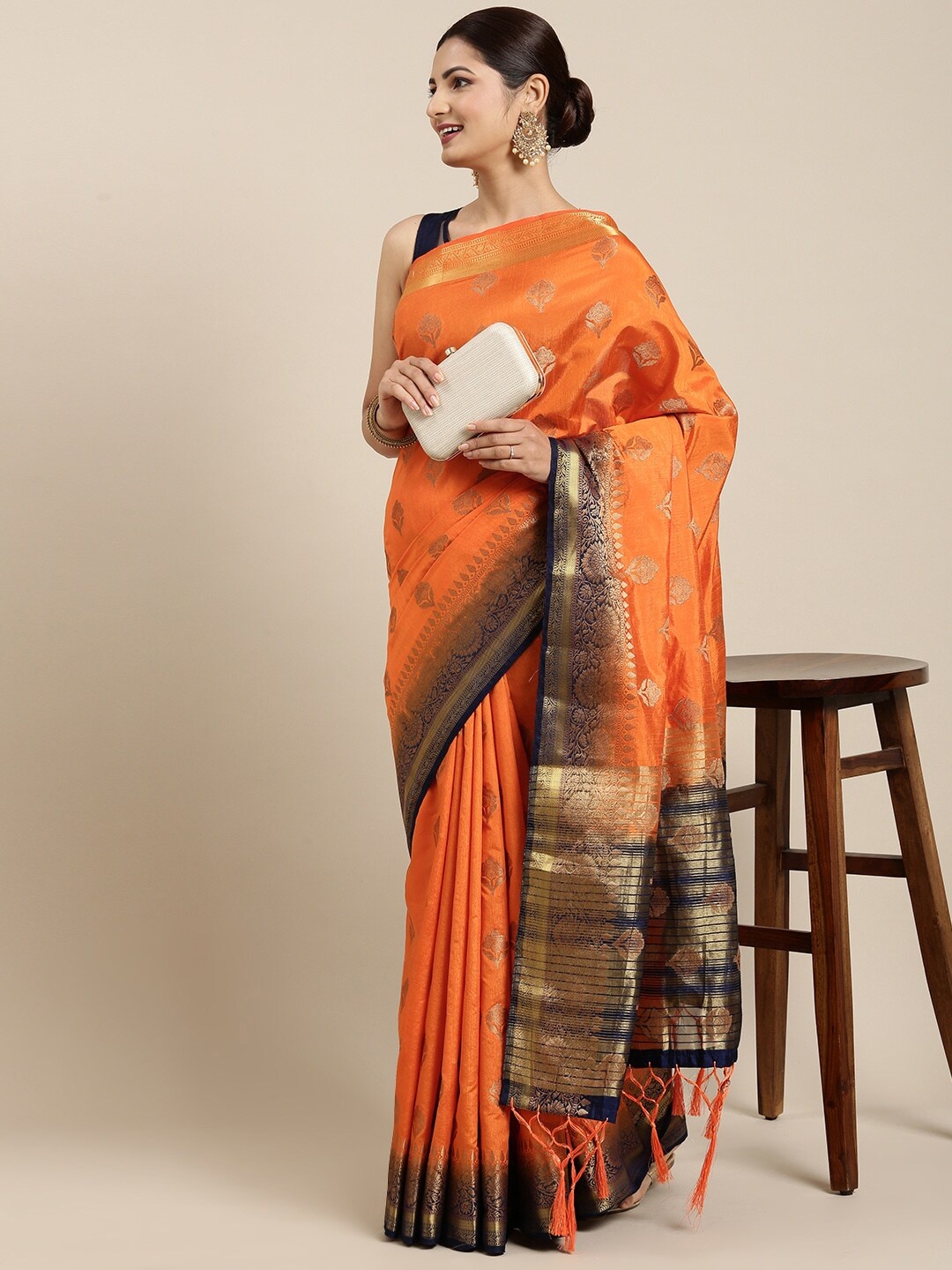 

Pothys Orange & Navy Blue Ethnic Motifs Pure Cotton Saree