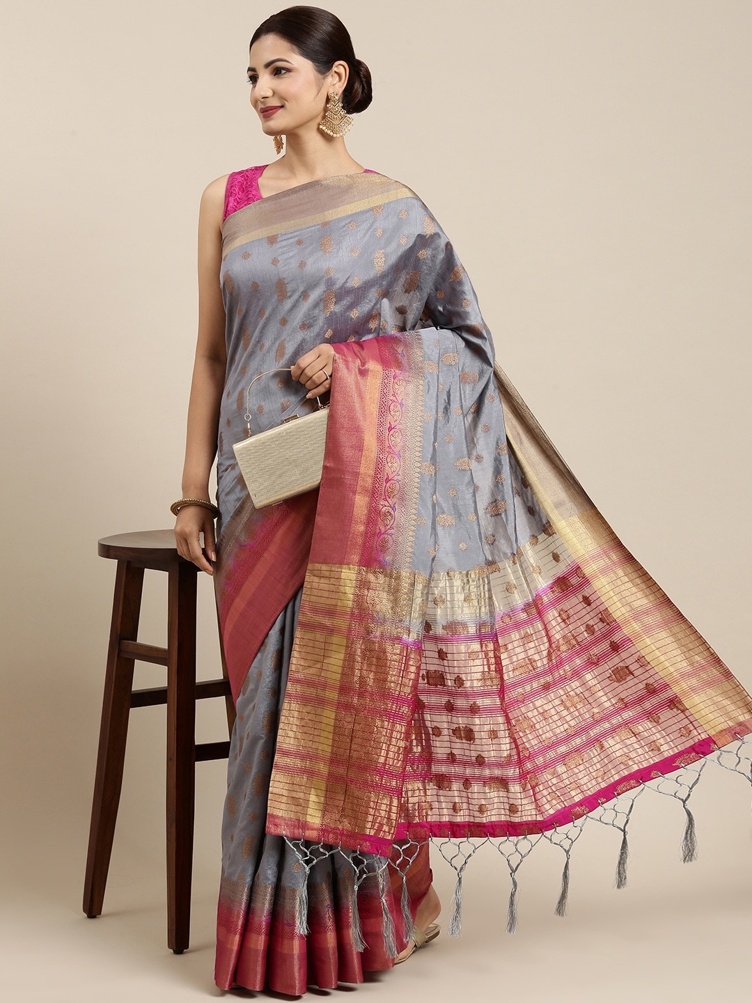 

Pothys Grey & Magenta Ethnic Motifs Pure Cotton Saree