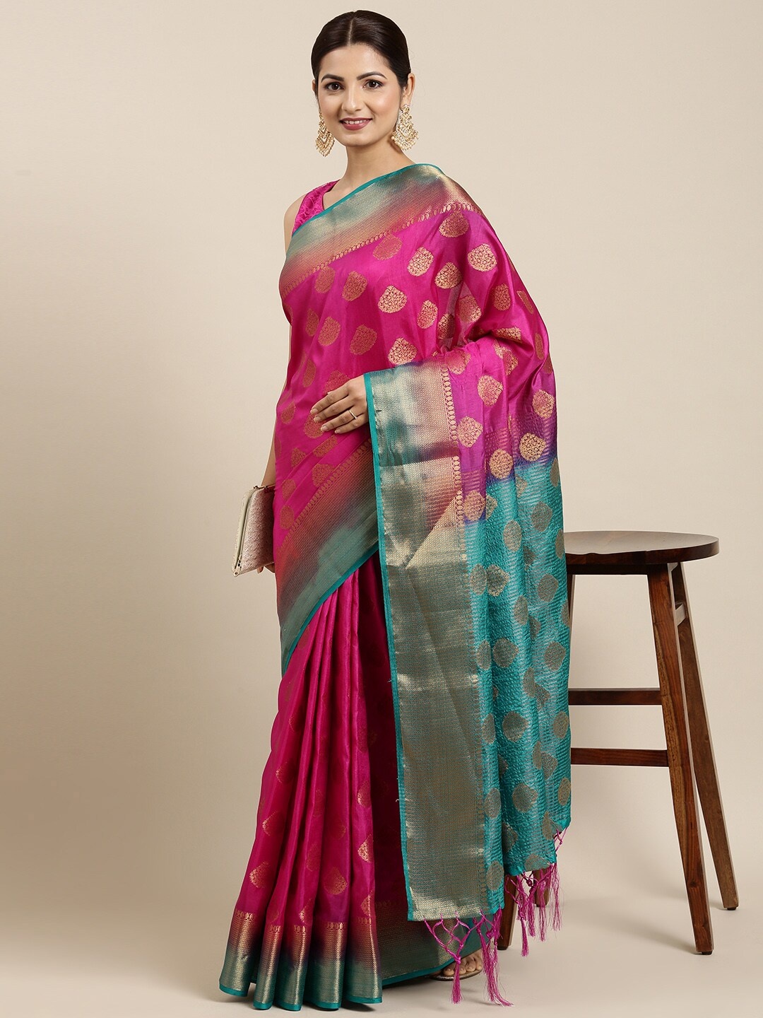 

Pothys Magenta & Teal Blue Ethnic Motifs Pure Cotton Saree