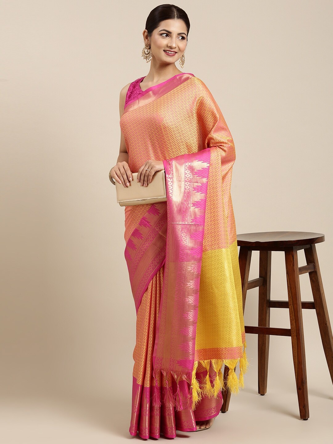 

Pothys Yellow & Pink Ethnic Motifs Jute Silk Saree