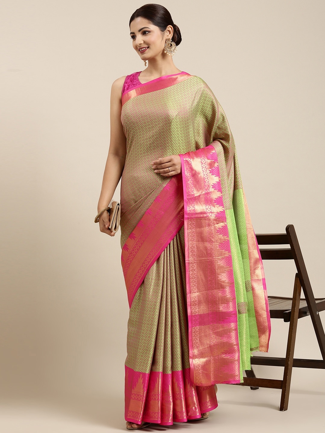 

Pothys Green & Pink Ethnic Motifs Jute Silk Saree
