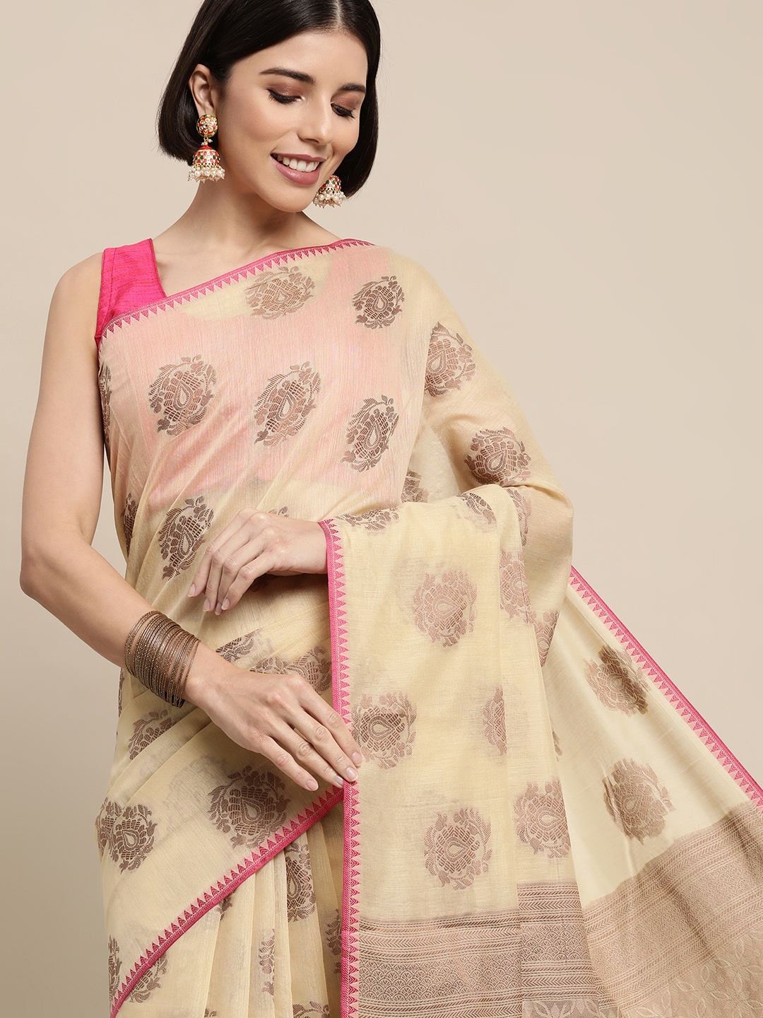 

Mitera Beige & Pink Ethnic Motifs Silk Cotton Saree