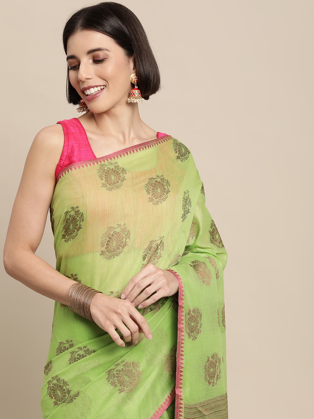 

Mitera Green & Pink Ethnic Motifs Silk Cotton Saree