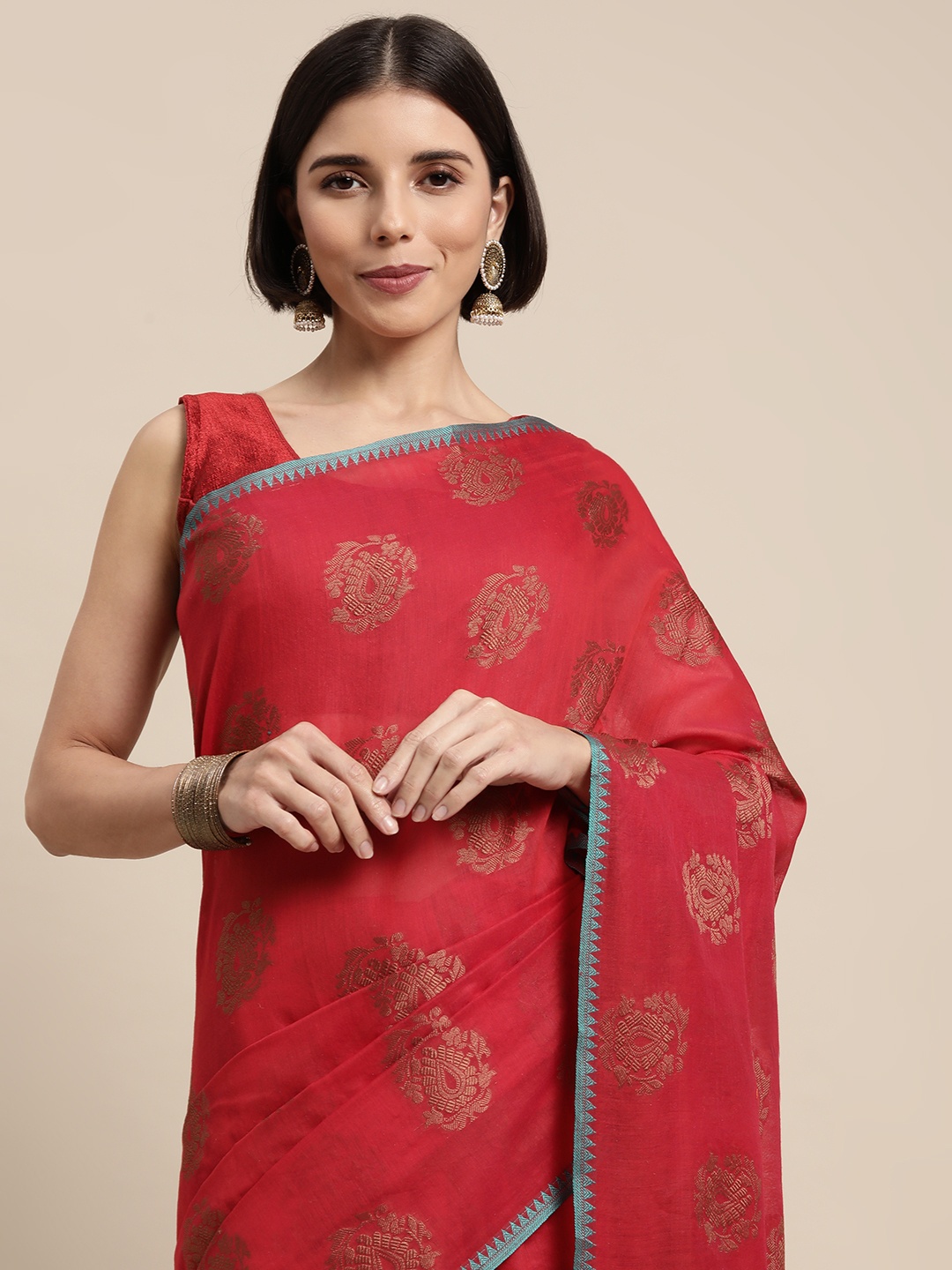 

Mitera Red & Turquoise Blue Ethnic Motifs Zari Silk Cotton Saree