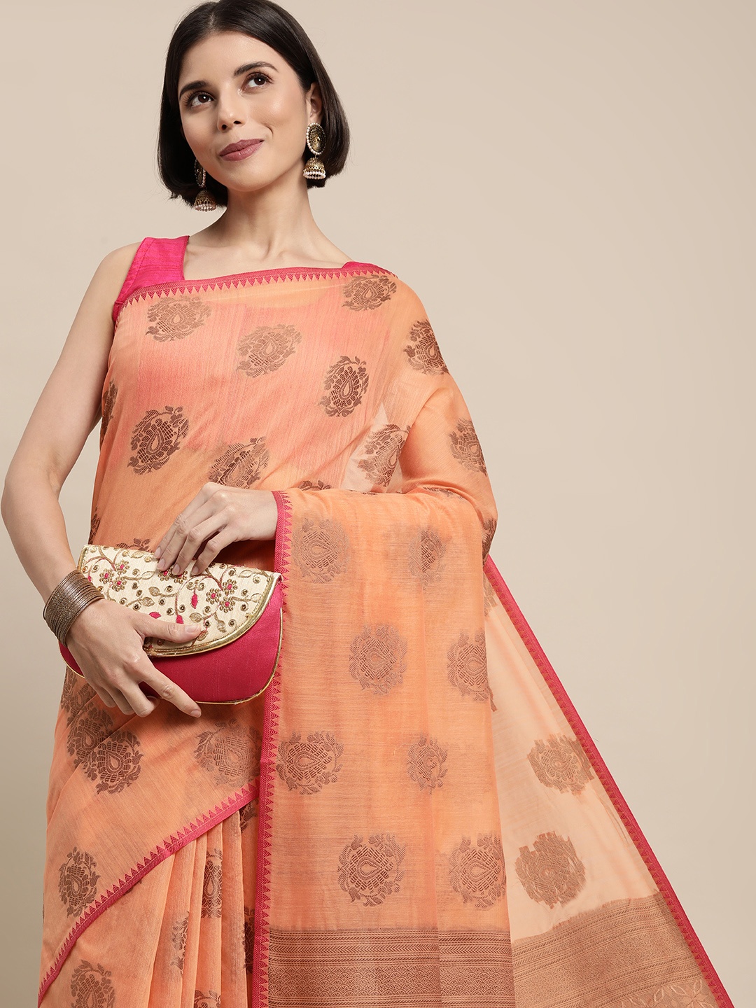 

Mitera Orange & Red Ethnic Motifs Zari Silk Cotton Saree