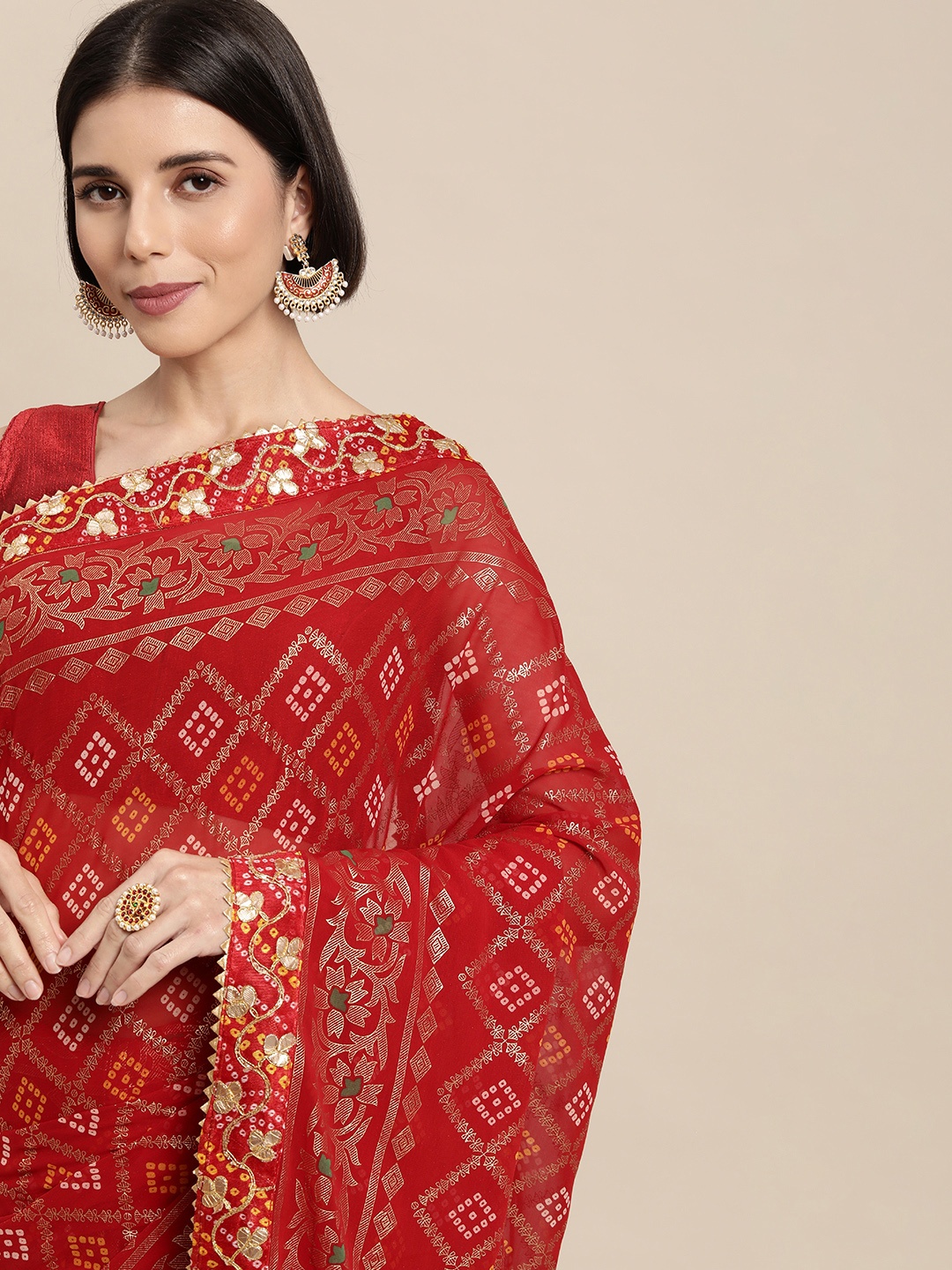

Mitera Red Bandhani Gotta Patti Pure Georgette Bandhani Saree