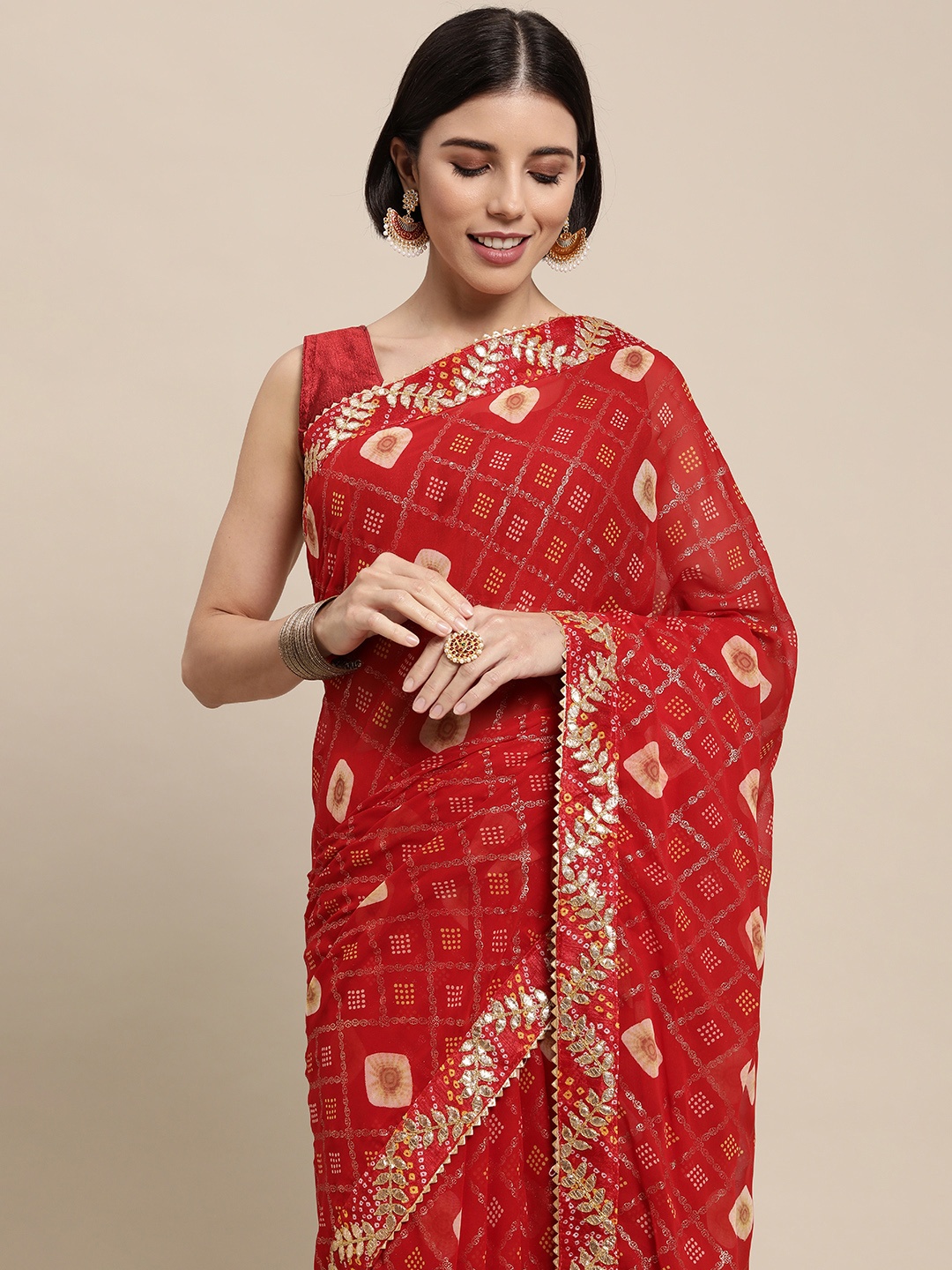 

Mitera Red Bandhani Gotta Patti Pure Georgette Bandhani Saree