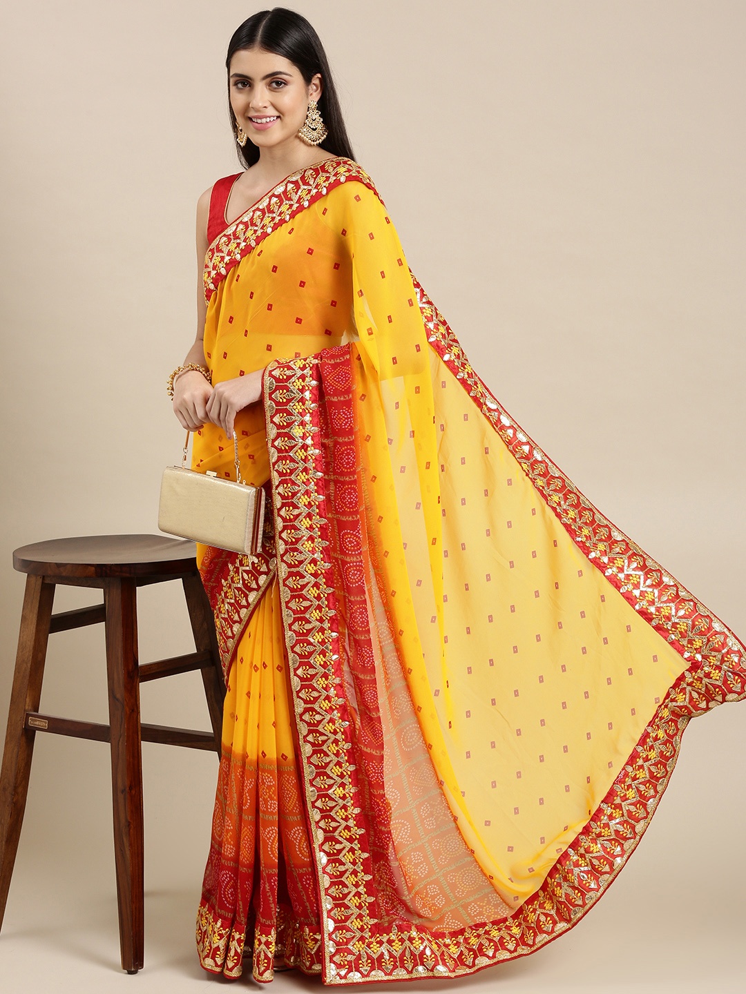 

Mitera Mustard & Red Bandhani Gotta Patti Pure Georgette Bandhani Saree