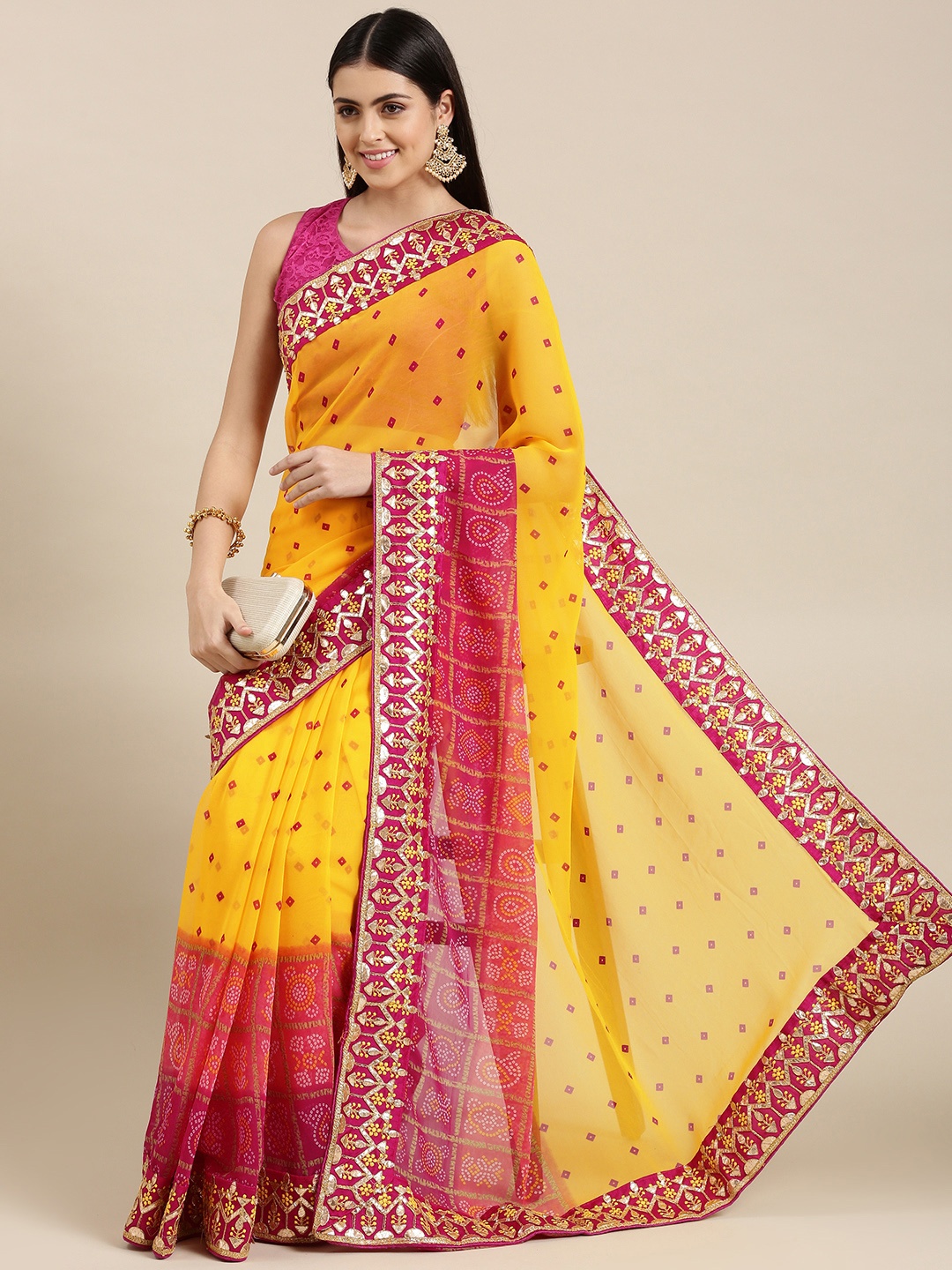 

Mitera Yellow & Pink Bandhani Gotta Patti Pure Georgette Bandhani Saree