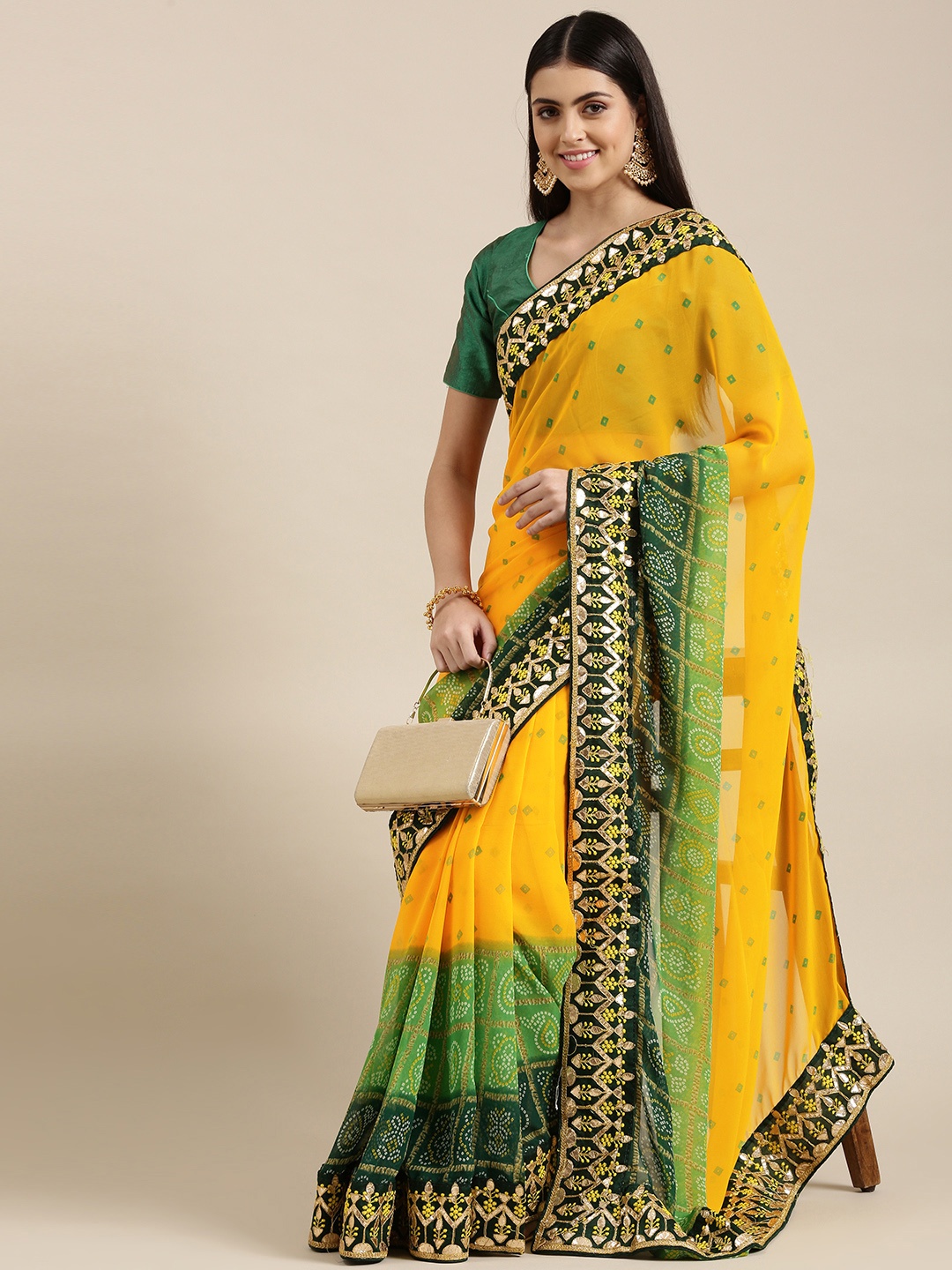 

Mitera Mustard & Green Bandhani Gotta Patti Pure Georgette Bandhani Saree