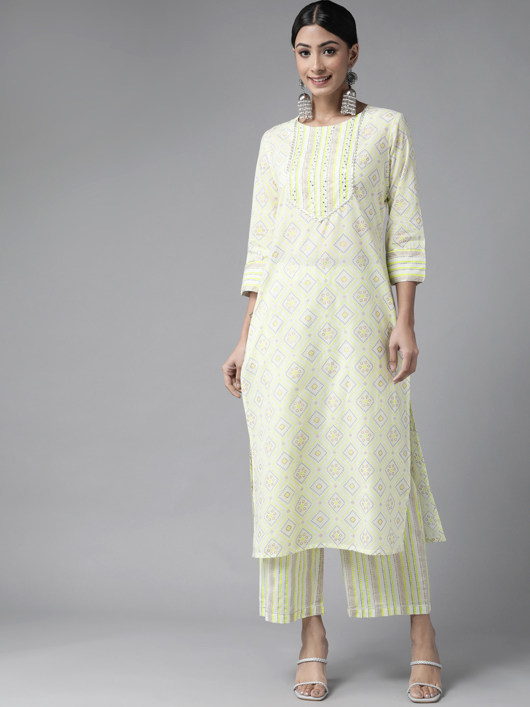 

Amirah s Women Off White Bandhani Printed Sequinned Pure Cotton Kurta with Palazzos