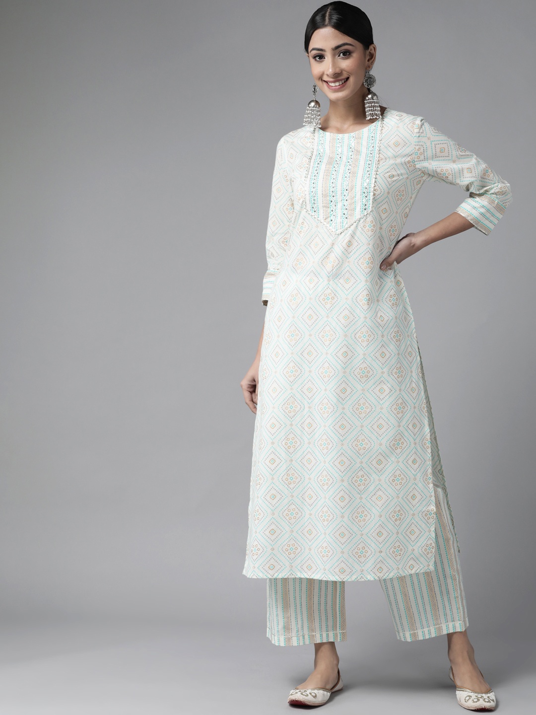 

Amirah s Women Off White Bandhani Printed Sequinned Pure Cotton Kurta with Palazzos