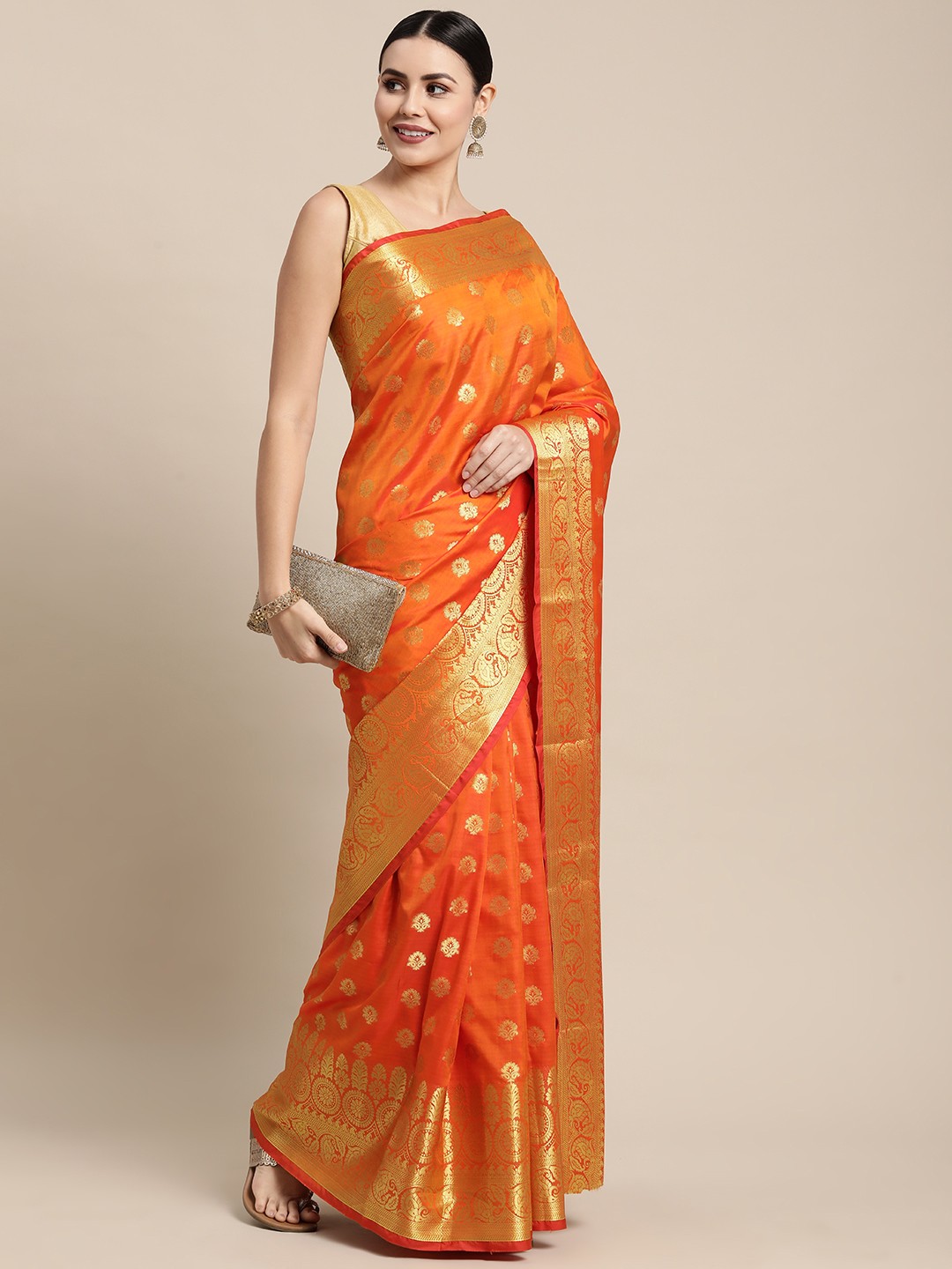 

Mitera Orange & Gold-Toned Ethnic Motifs Zari Silk Blend Banarasi Saree