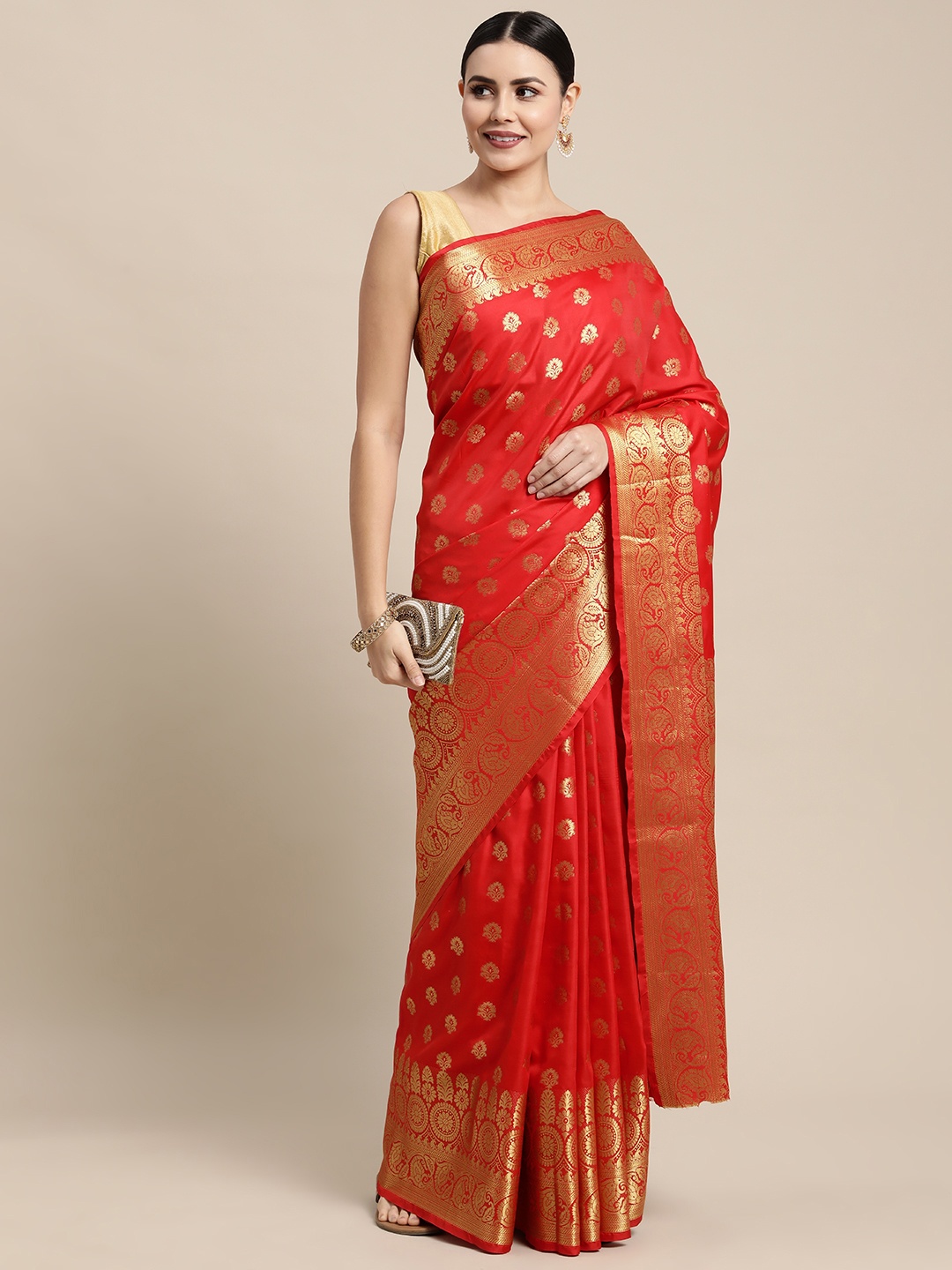 

Mitera Red & Gold-Toned Ethnic Motifs Zari Silk Blend Banarasi Saree