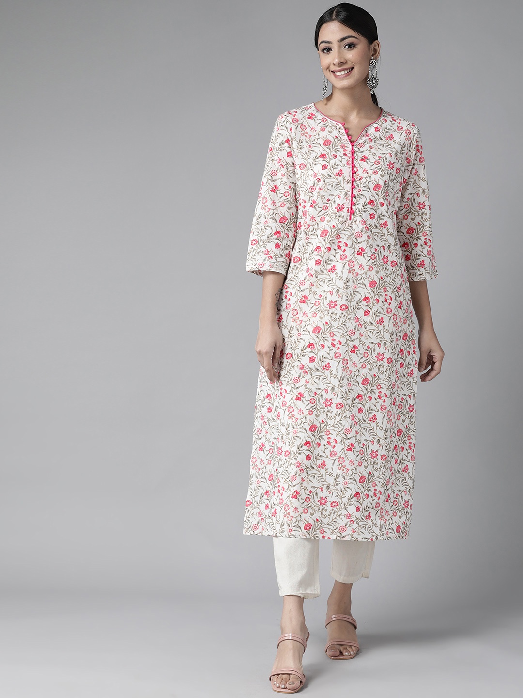 

Amirah s Women Off White & Pink Ethnic Motifs Printed Sequin Cotton Kurta