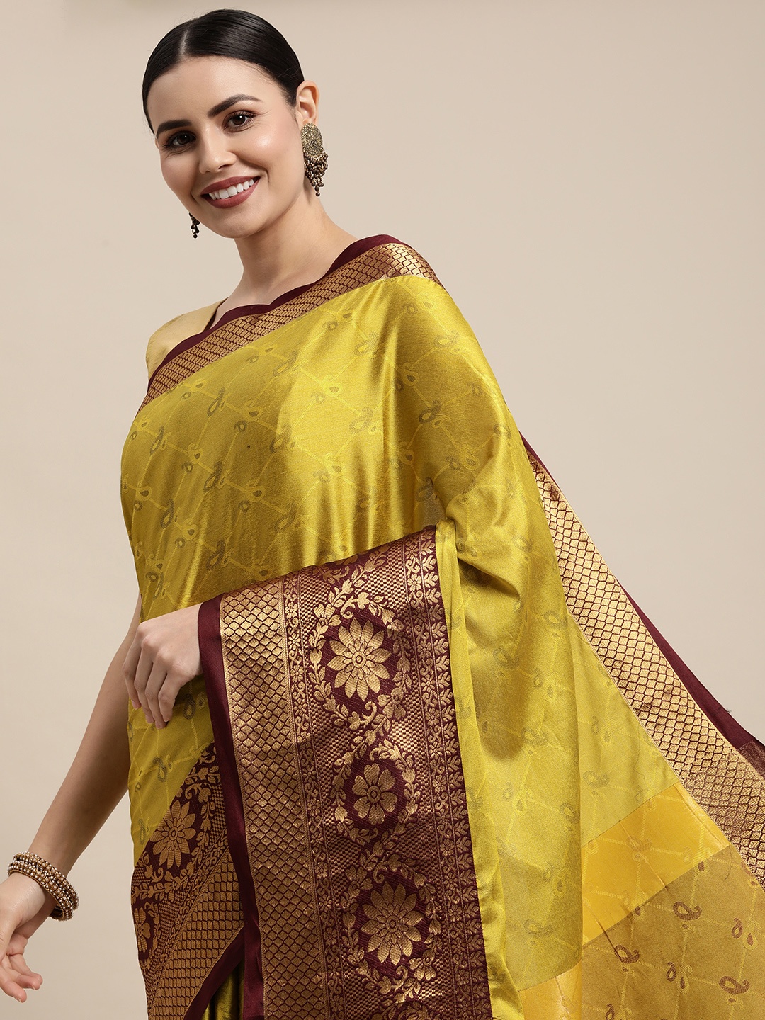 

Mitera Yellow & Brown Paisley Zari Silk Cotton Banarasi Saree