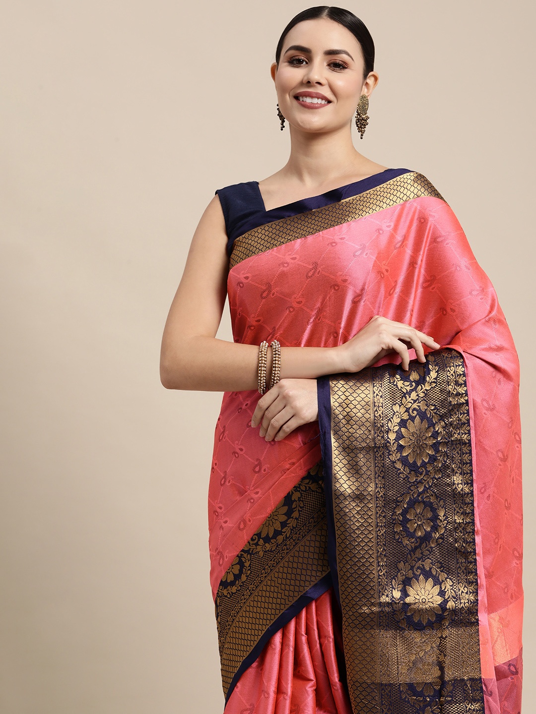 

Mitera Pink & Navy Blue Paisley Zari Silk Cotton Banarasi Saree